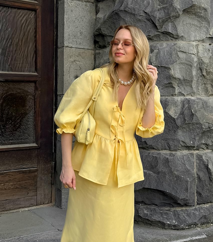 Womens Maxi Skirt 2 Piece Outfits Solid Color V Neck Puff Sleeves Top High Waist Maxi Skirt Casual Going Out Sets3