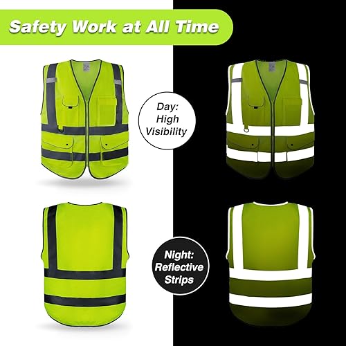 Miniatura 5 de Chaleco de seguridad de alta visibilidad para hombres y mujeres, chalecos reflectantes con bolsillos y cremallera para trabajo al aire libre