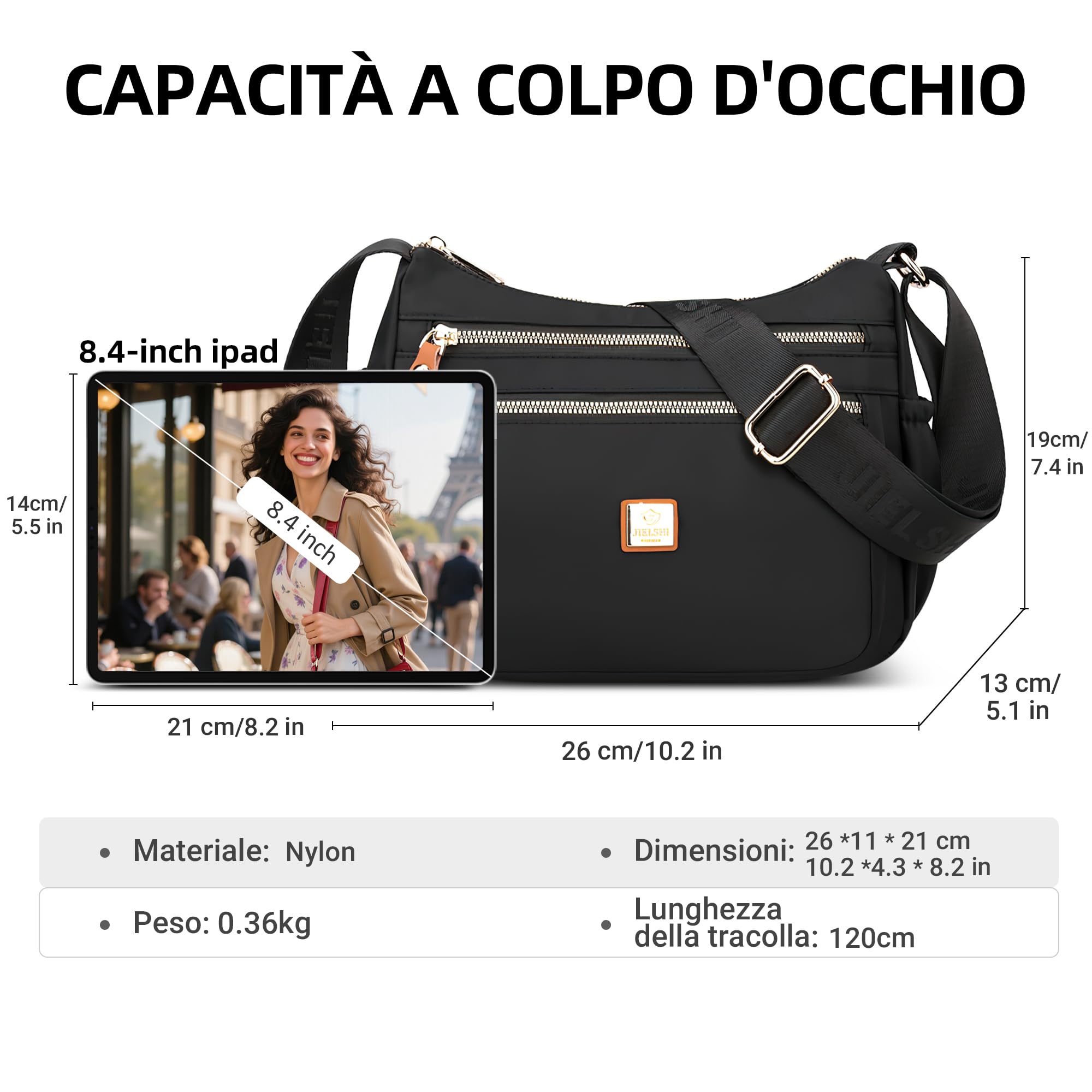 DIRRONA Donna Borsa Tracolla Moda Borsa Messenger Casual Borsa da donna Impermeabile Nylon Viaggio Shopping Lavoro Multi-tasca Borsa a Spalla Nero