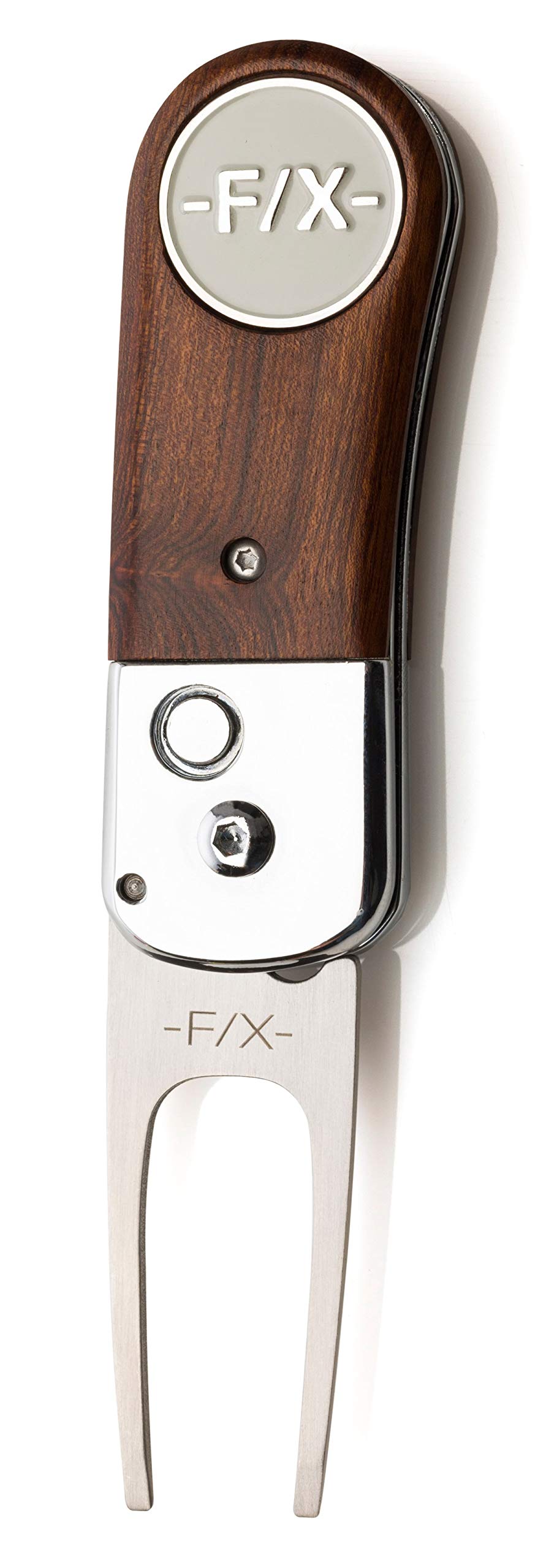 Premium Pitchgabel mit Echtholzbeschlag - Pitchfix de Luxe - ergonomisch - tolles Golfgeschenk für Sie und Ihn