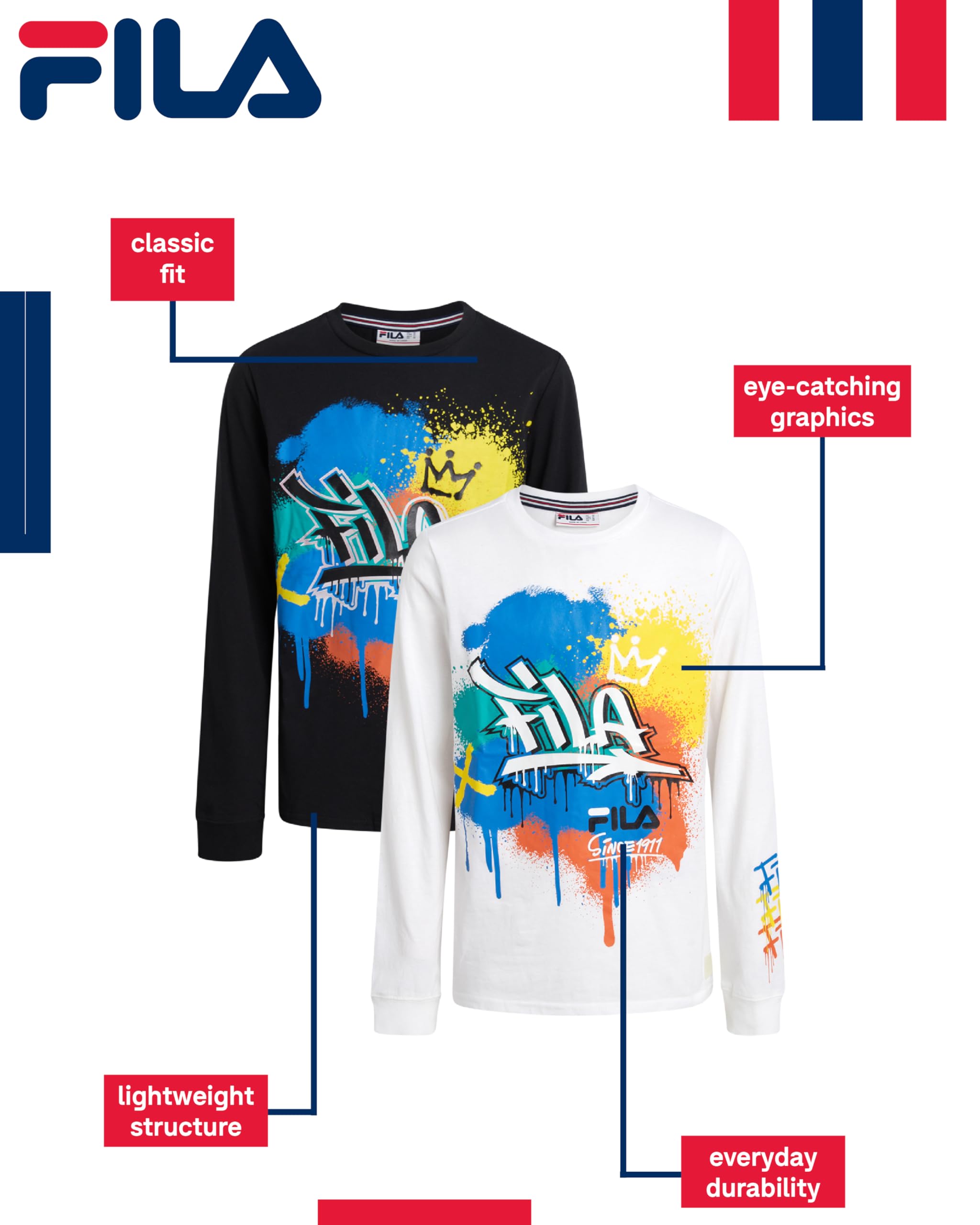 Fila Camicie a maniche lunghe per ragazzi, confezione da 2 magliette casual a maniche lunghe, girocollo con grafica per ragazzi con polsini a costine (8-20)