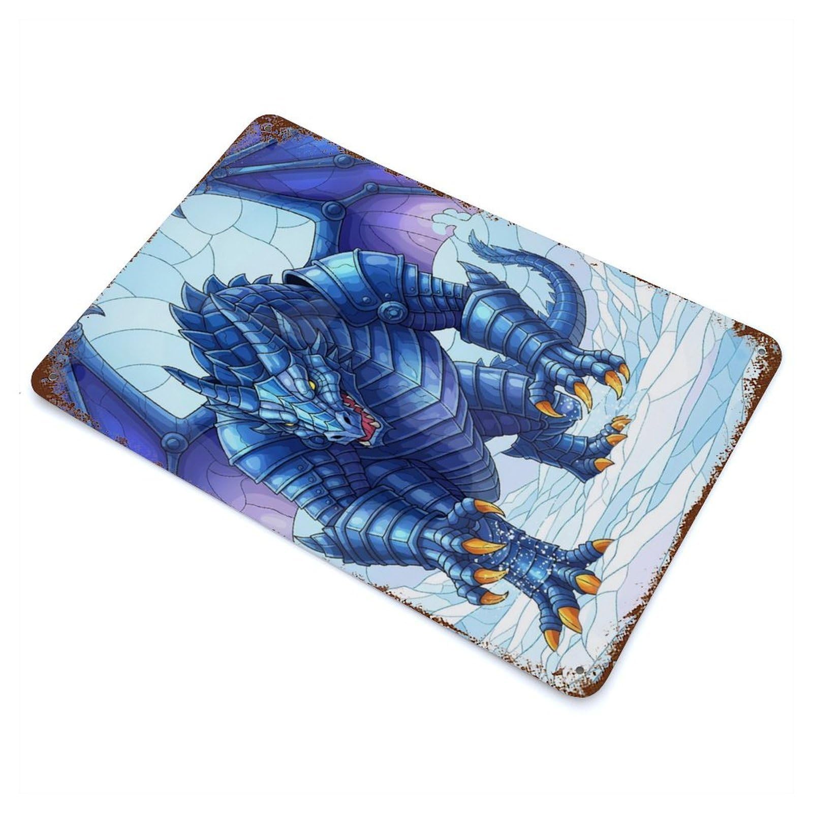Armored Blue Dragon in Snowy Landscape 11.8"x7.9" Vintage Metal Tin Sign, Novelty Wall Decor for Basement, Hobby Room And Garage Decor