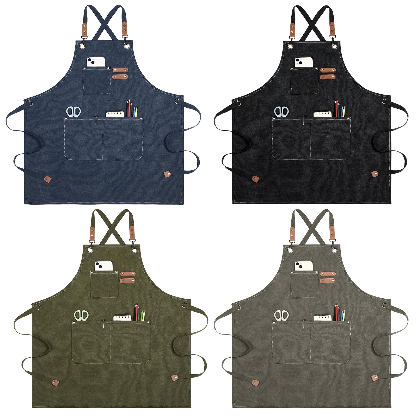 VZZNN 4PCS Chef Aprons - Waterdrop Resistant Cotton Canvas Cross Back Adjustable Aprons for Men and Women