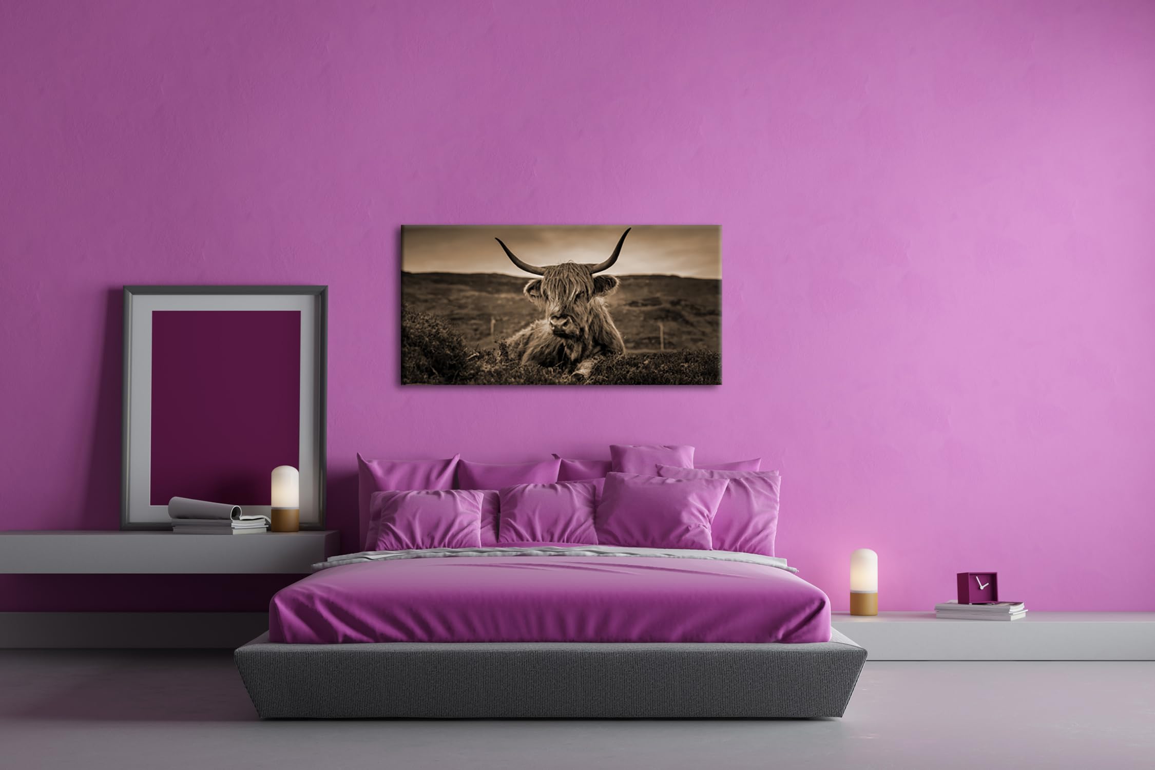 pelziges Rind auf schottischer Landschaft Panorama 80x40 cm Effekt: Sepia als Leinwandbild, Motiv fertig gerahmt auf Echtholzrahmen, Hochwertiger Digitaldruck mit Rahmen