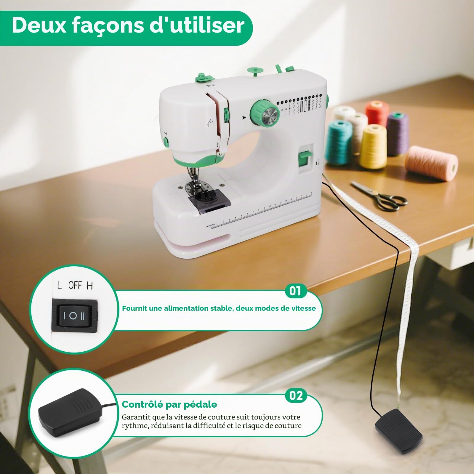 Machine à Coudre pour Débutant – 12 Points, 2 Vitesses & LED | Pédale/Bouton, 9 Tensions Fil, Double Aiguille, Manuel 6 Langues & Vidéos – Idéale pour Apprendre en Toute Simplicité