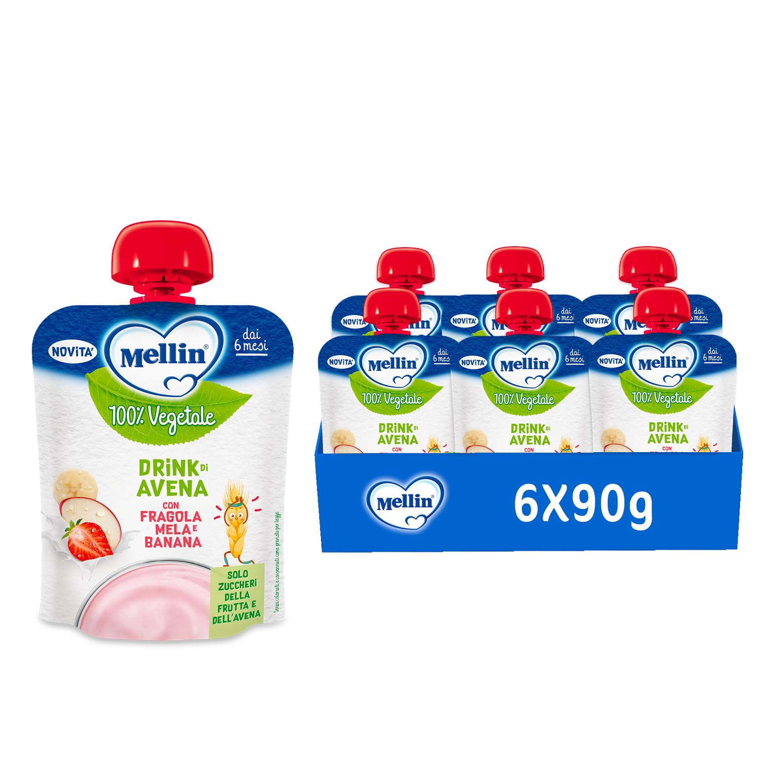 MELLIN Merenda 100% Vegetale, Pouch Avena, gusto Mela Fragola e Banana 90g, Senza Zuccheri Aggiunti - 6 Confezioni da 90g