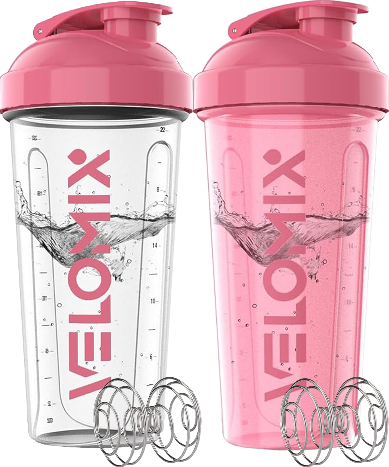 VELOMIX Paquete de 2 botellas mezcladoras de proteínas de 28 onzas para mezclas de proteínas, 2 batidores de alambre, vasos mezcladores a prueba de fugas para batidos de proteínas, paquete de botellas