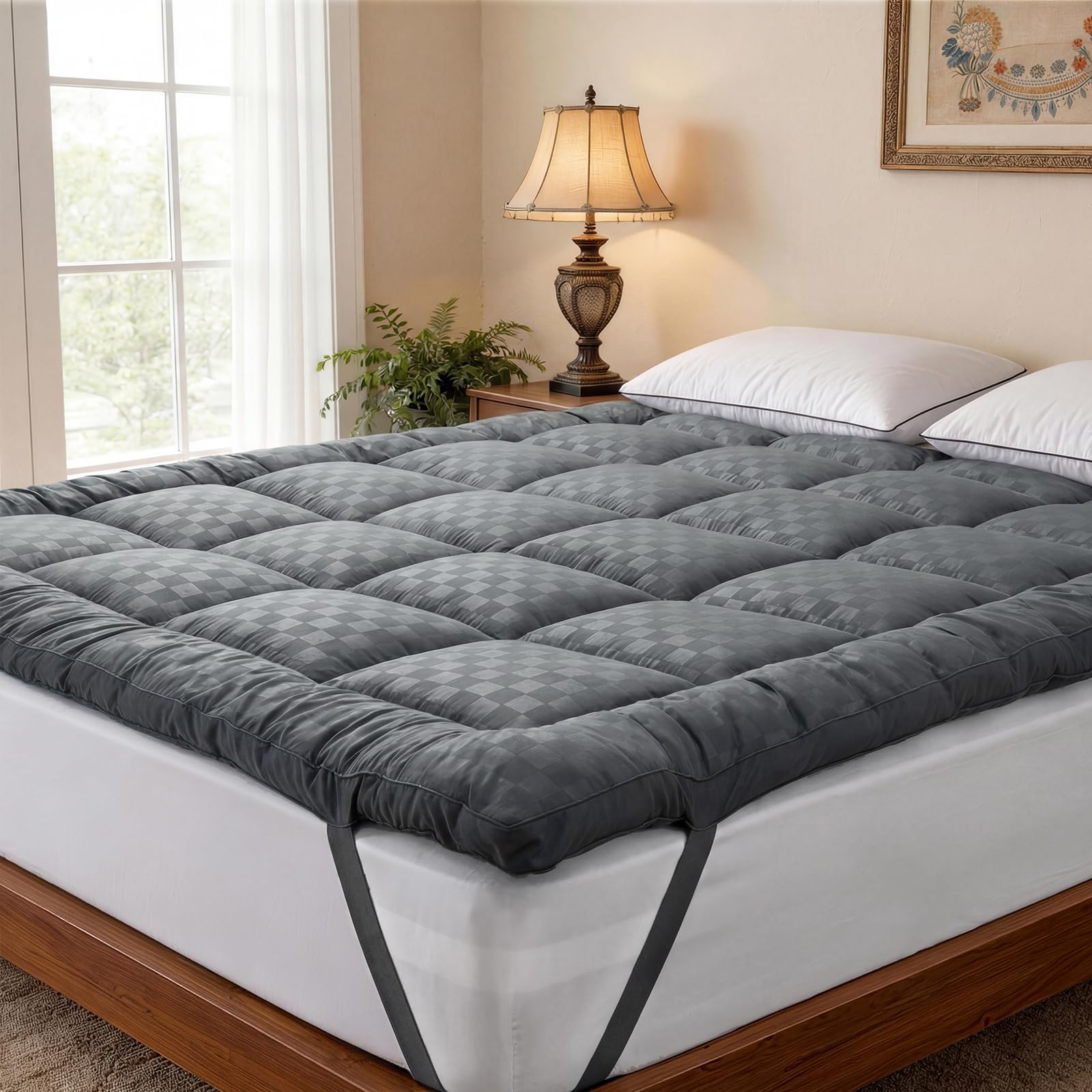 Surmatelas 180x200cm Protège Matelas en Microfibre Respirant, 1000GSM Surmatelas Hypoallergénique avec Sangles Élastiques, Gris
