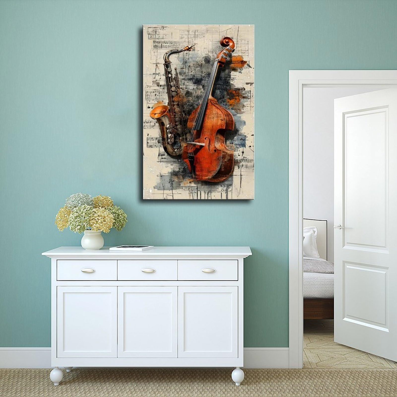 Poster su tela a tema musica jazz sinfonia sassofono e violoncello, decorazione artistica da parete per soggiorno, camera da letto, decorazione, 61 cm di lunghezza x 91,4 cm di larghezza