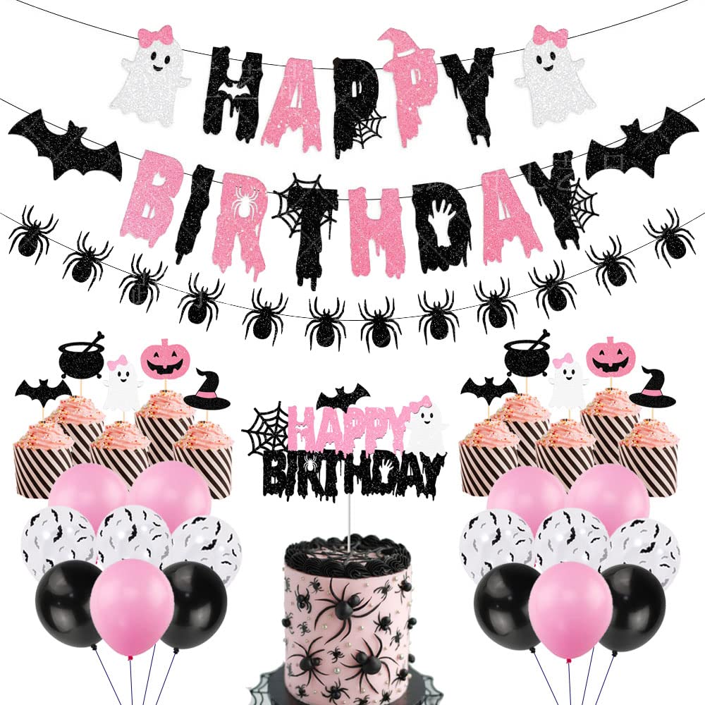 Halloween Birthday Party Decorations, Pink Black Glitter Happy Birthday Banner & Spider Garland, Cute Ghost Cupcake Toppers and balloons for Halloween