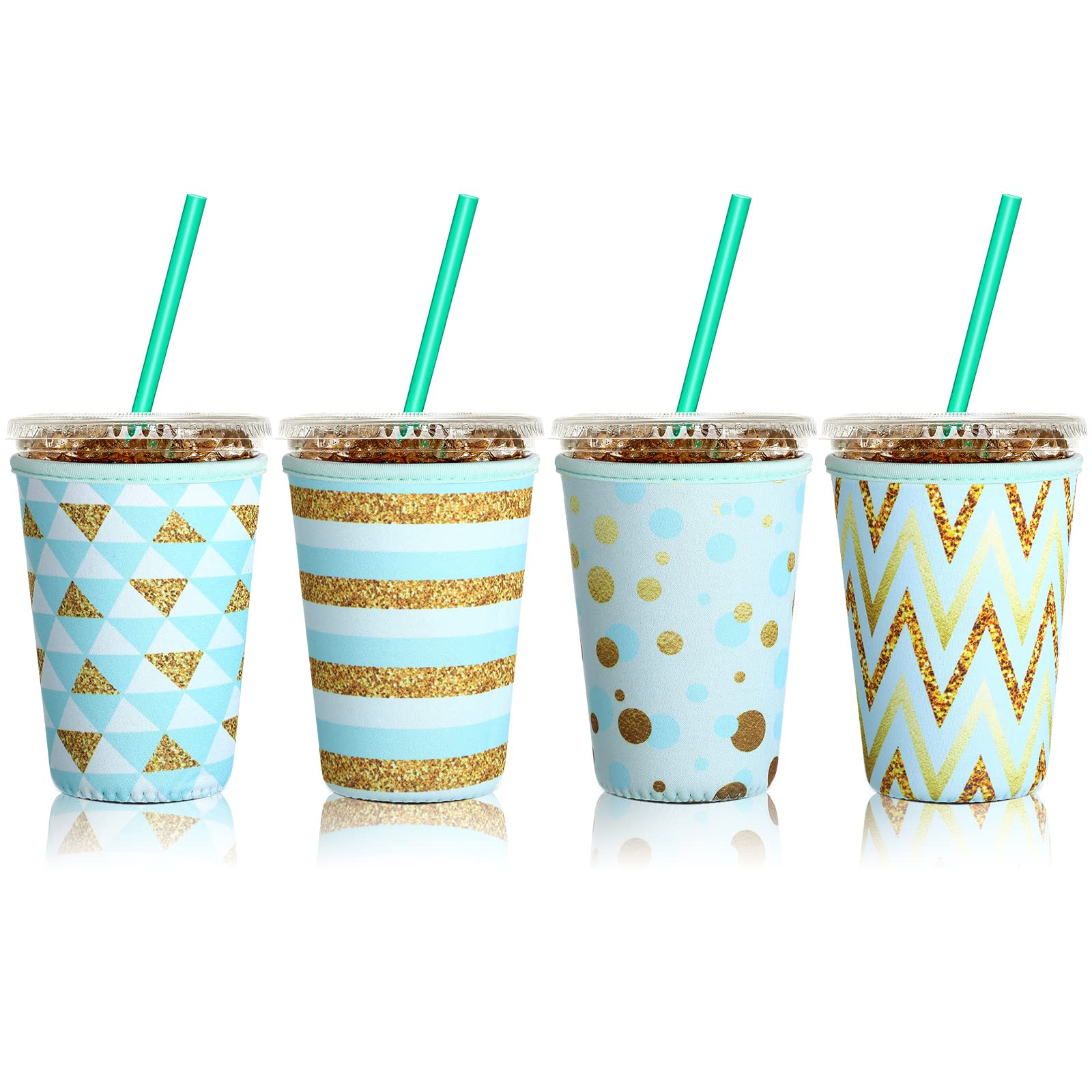 Patelai 4 Pieces Reusable Iced Coffee Sleeve Cup Insulator for Cold Drinks Beverages and Holder for Most Coffee(22-24 oz Medium,Green Gold Style)