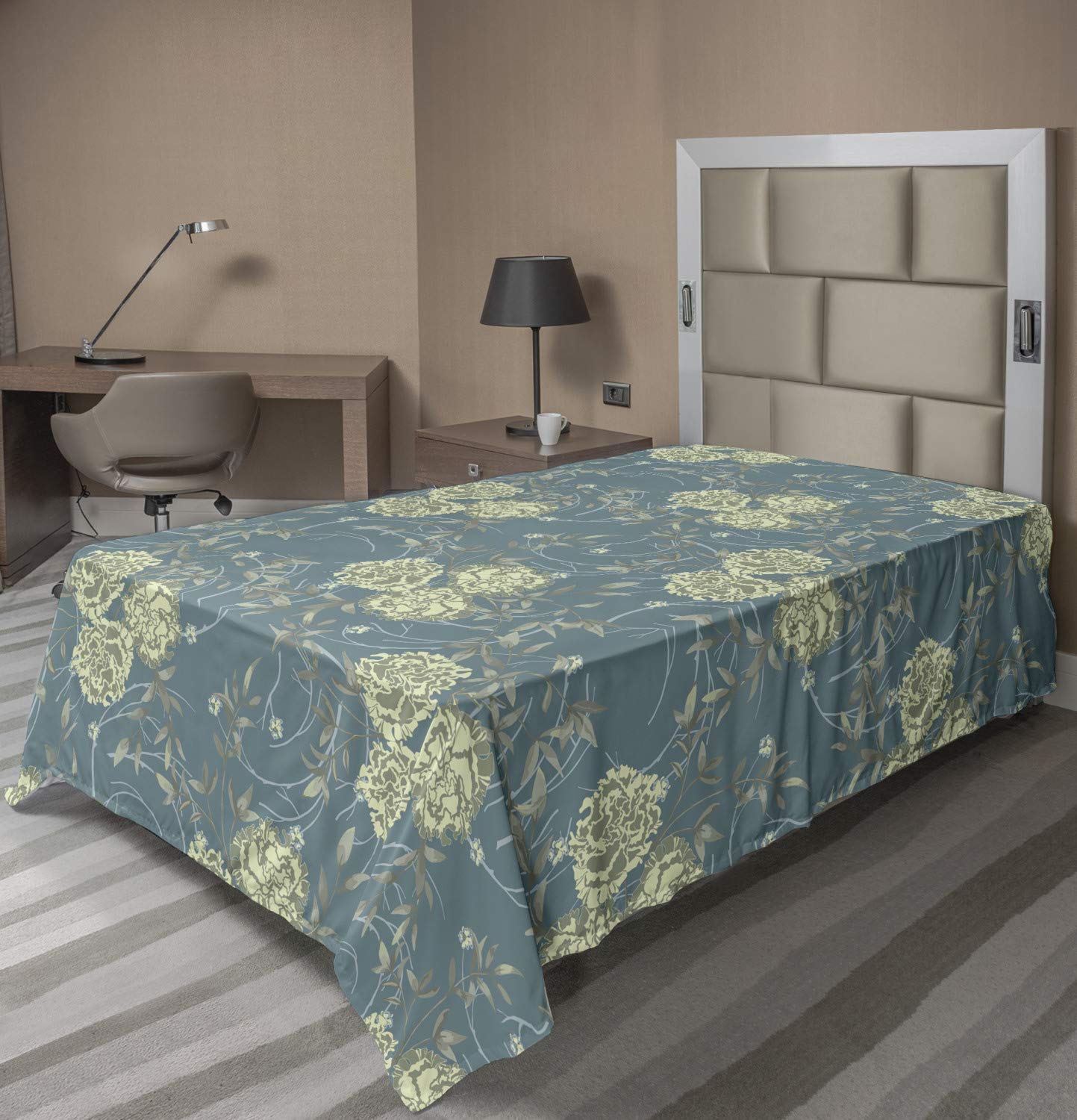 Ambesonne Carnation Flat Sheet, Flower Bouquets Buds Twigs Swirly Branches Botanical Motif Art, Soft Comfortable Top Sheet Decorative Bedding 1 Piece, TwinXL Size, Cadet Blue and Pale Green