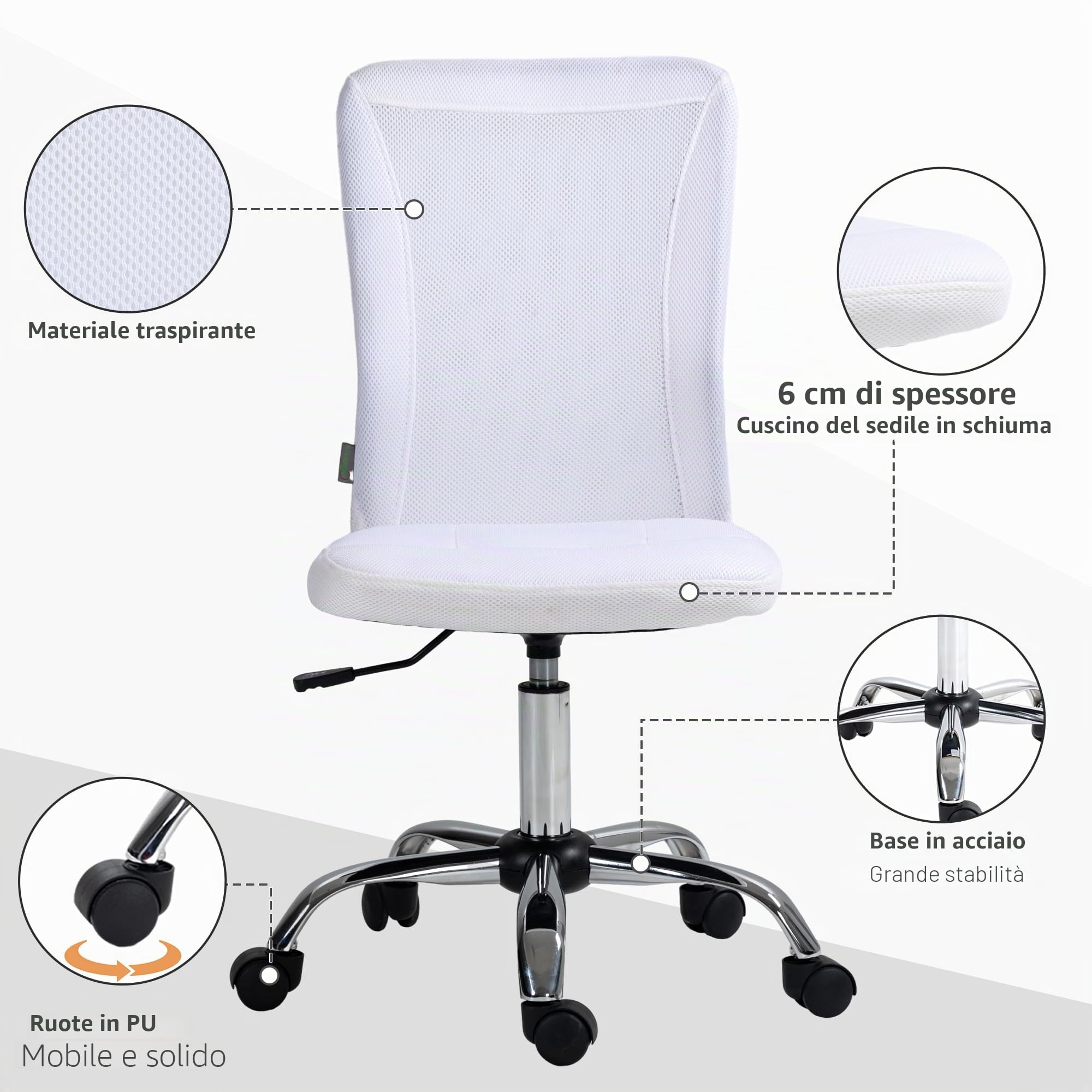 Vinsetto Sedia da ufficio ergonomica regolabile in altezza Bianco