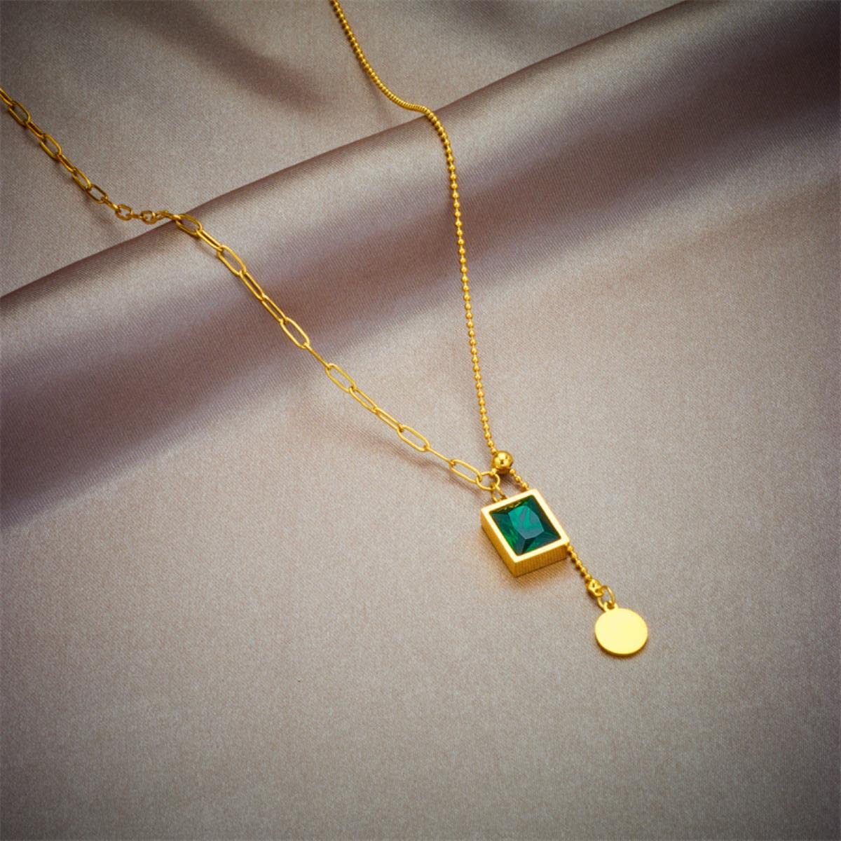 YAHOYA 316L Stainless Steel Square Green Crystal Zircon Pendant