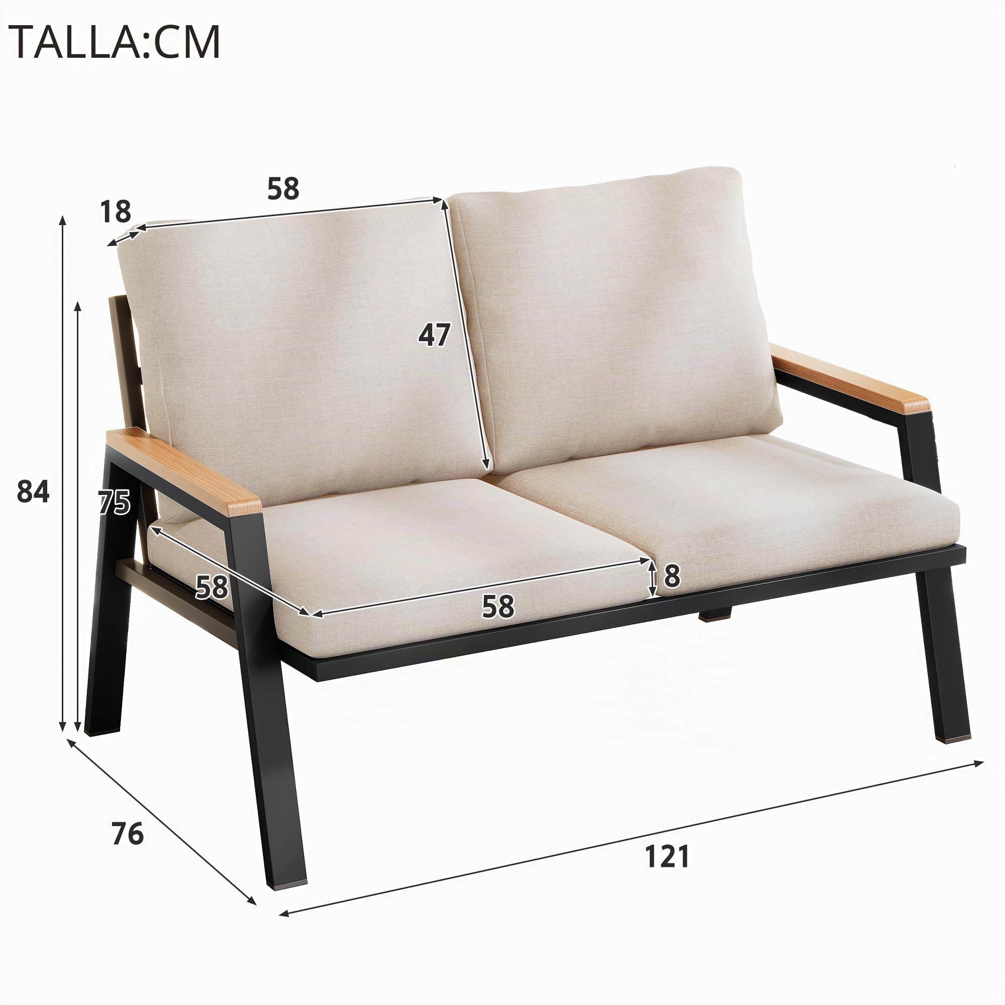 Muebles de jardín sofá de 2 plazas, sofá exterior balcón con reposabrazos de WPC, marco de acero galvanizado, resistente a la intemperie, estilo industrial, para jardín, terraza, balcón, gris