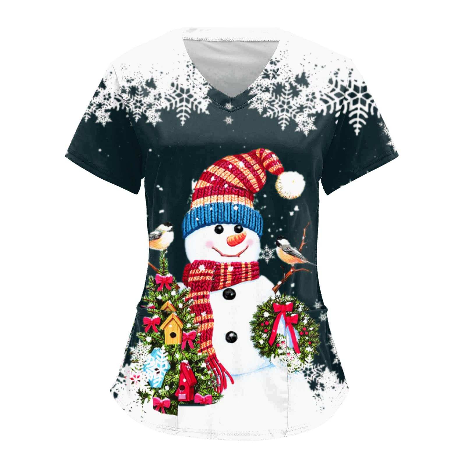 Womens Christmas Scrub Tops Fall Snowman Snowman Short Sleeve