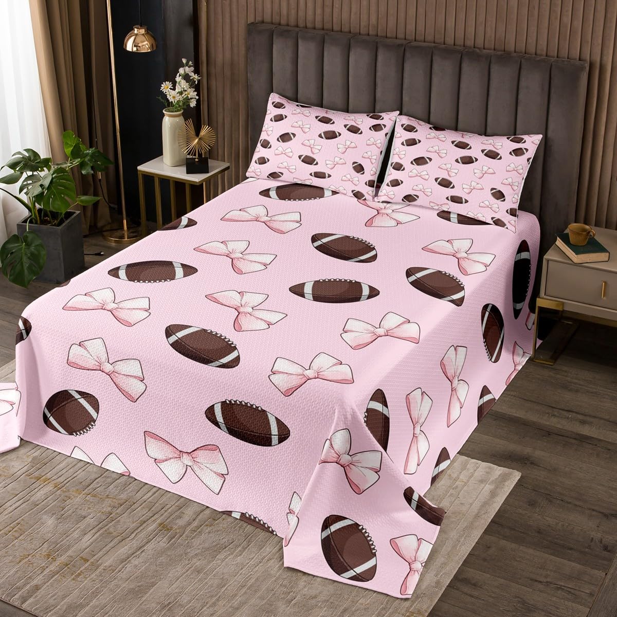 jejeloiu Football Quilted Coverlet Rugby Sports Bedspread for Kids Boys Girls Teens Pink Bow Coverlet Set Queen Size Cute Bowknot Room Decor Gift for Football Lover 3Pcs Breathable Soft Lightweight