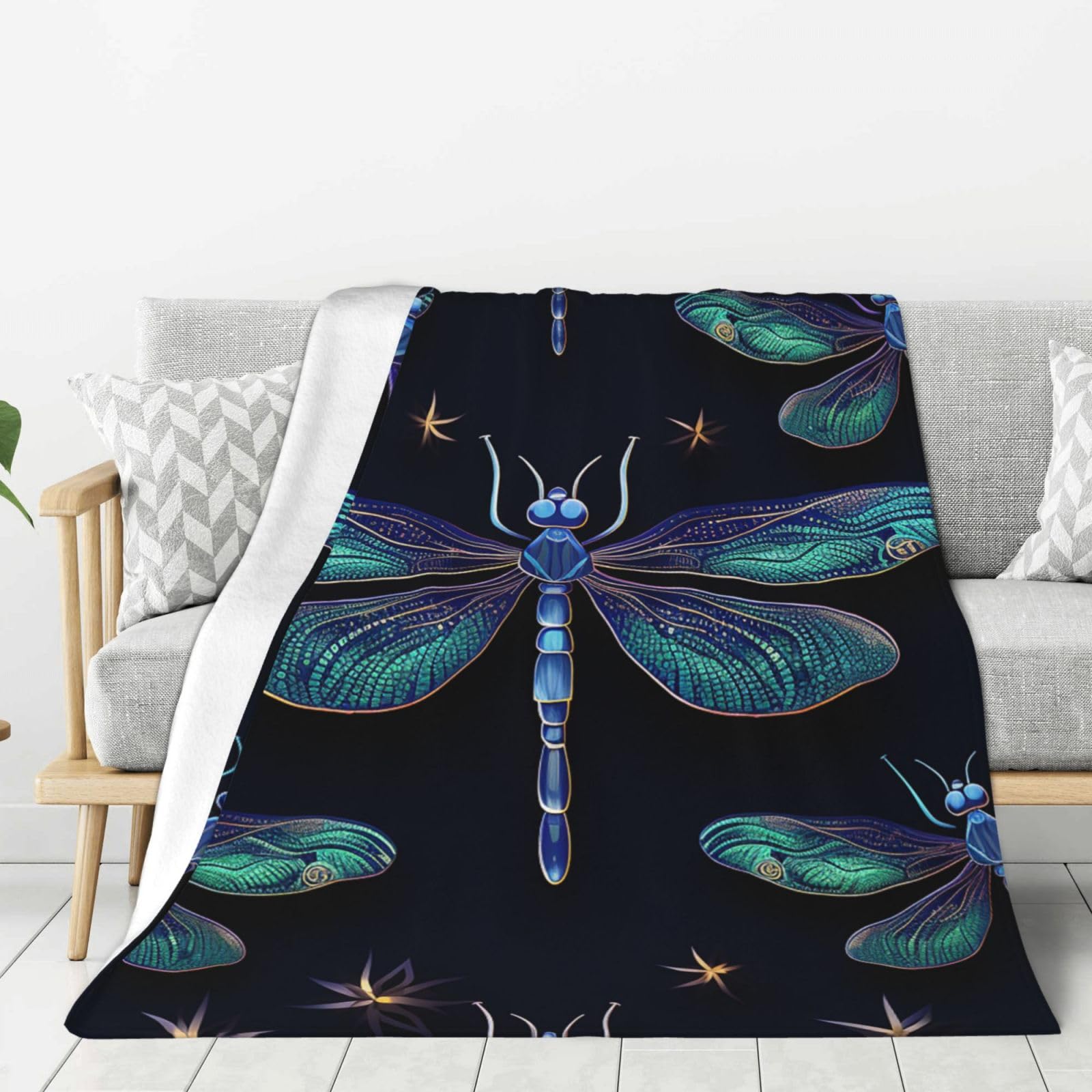 Dragonfly Pattern Dark Blue Throw Blanket Plush Flannel Fleece Blanket, Soft Lightweight Cozy Blankets 40"X30" for Bed Couch Sofa Travel