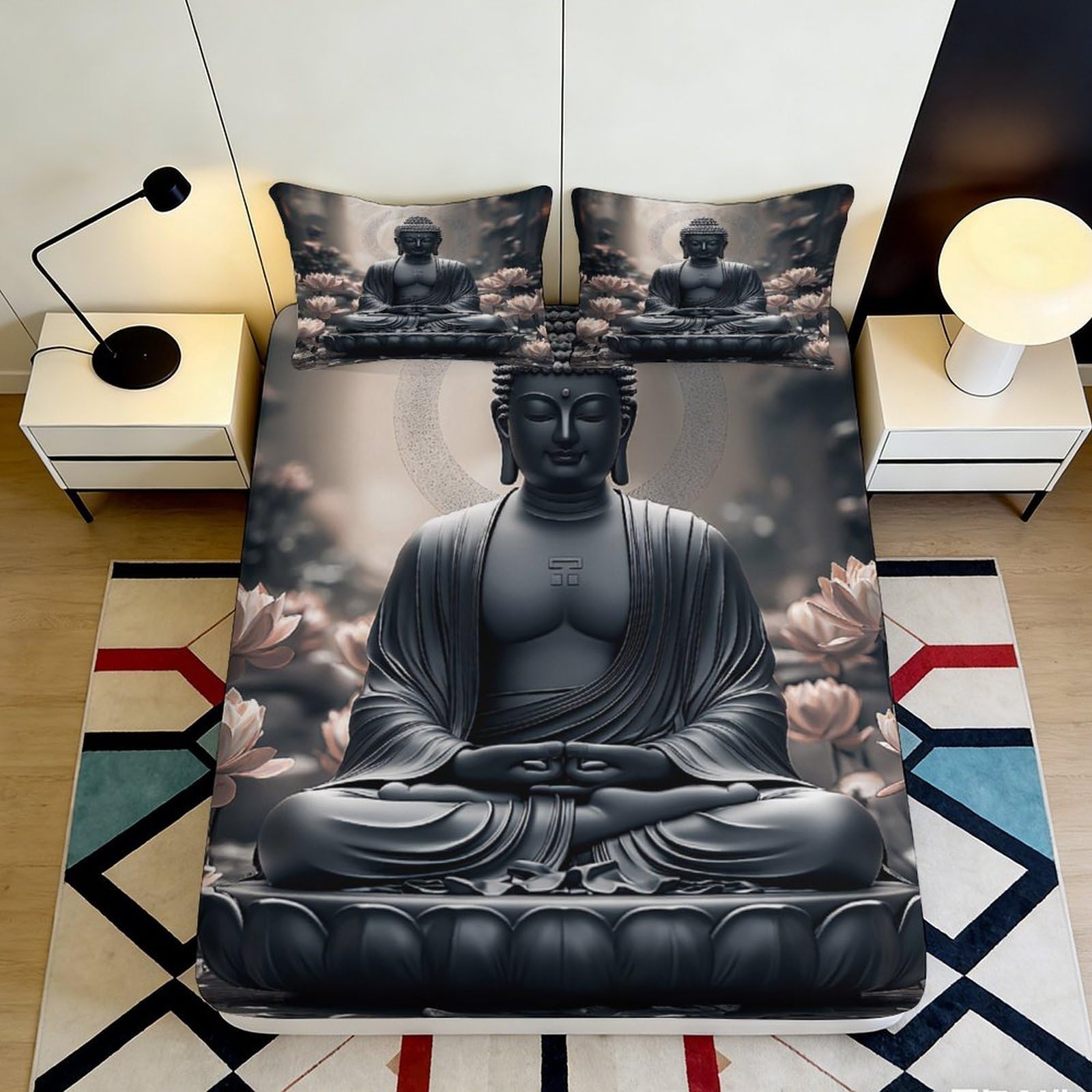 Pnayamiorkfel Style-5 3D Printed Buddha Lotus Fitted Sheet Microfiber Soft Decor Bed Cover For Bedroom Guest Room Dustproof Washable 90X200x25cm