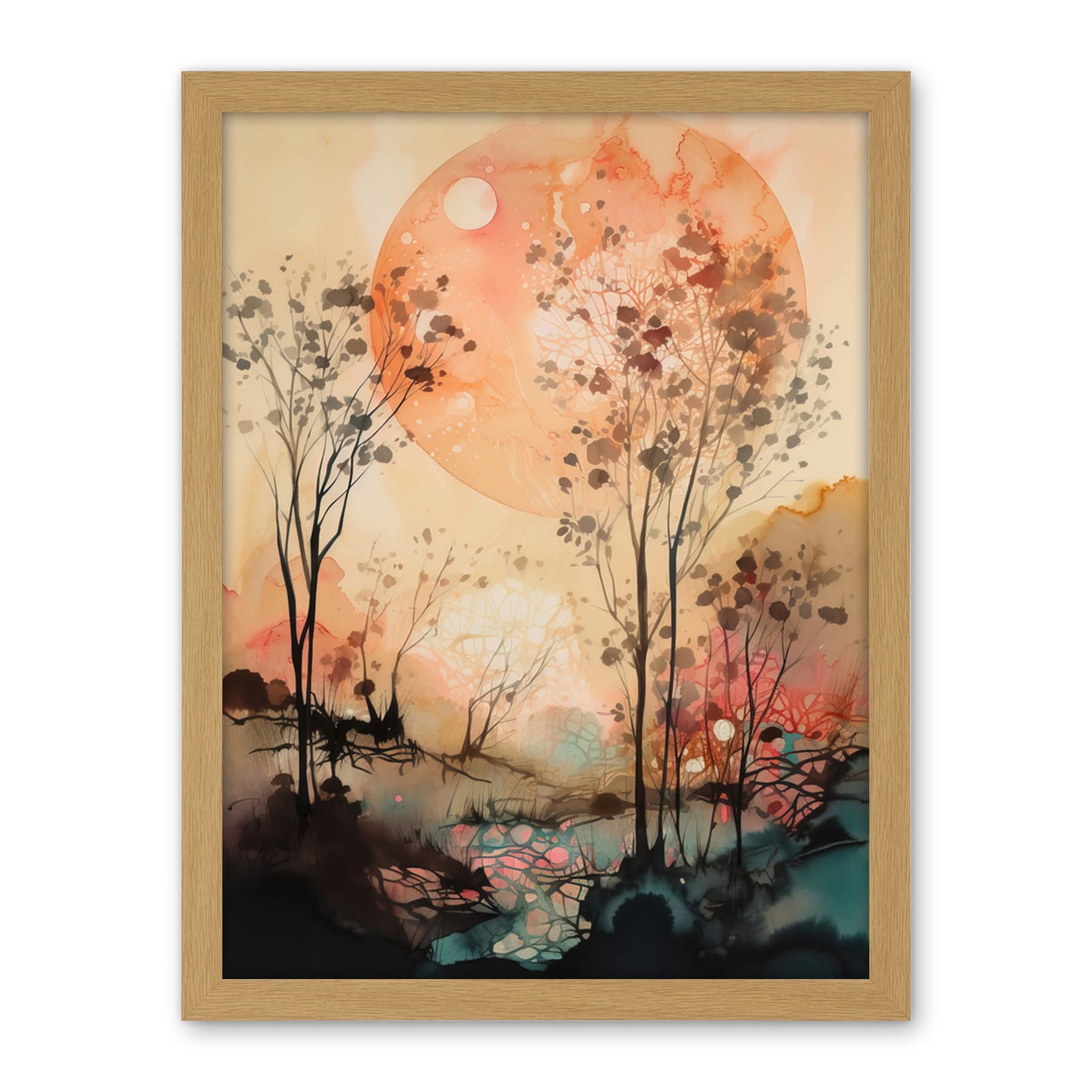 Artery8 Misty Riverside Trees Sunset Landscape Modern Boho Watercolour Painting Artwork Framed Wall Art Print 18X24 Inch