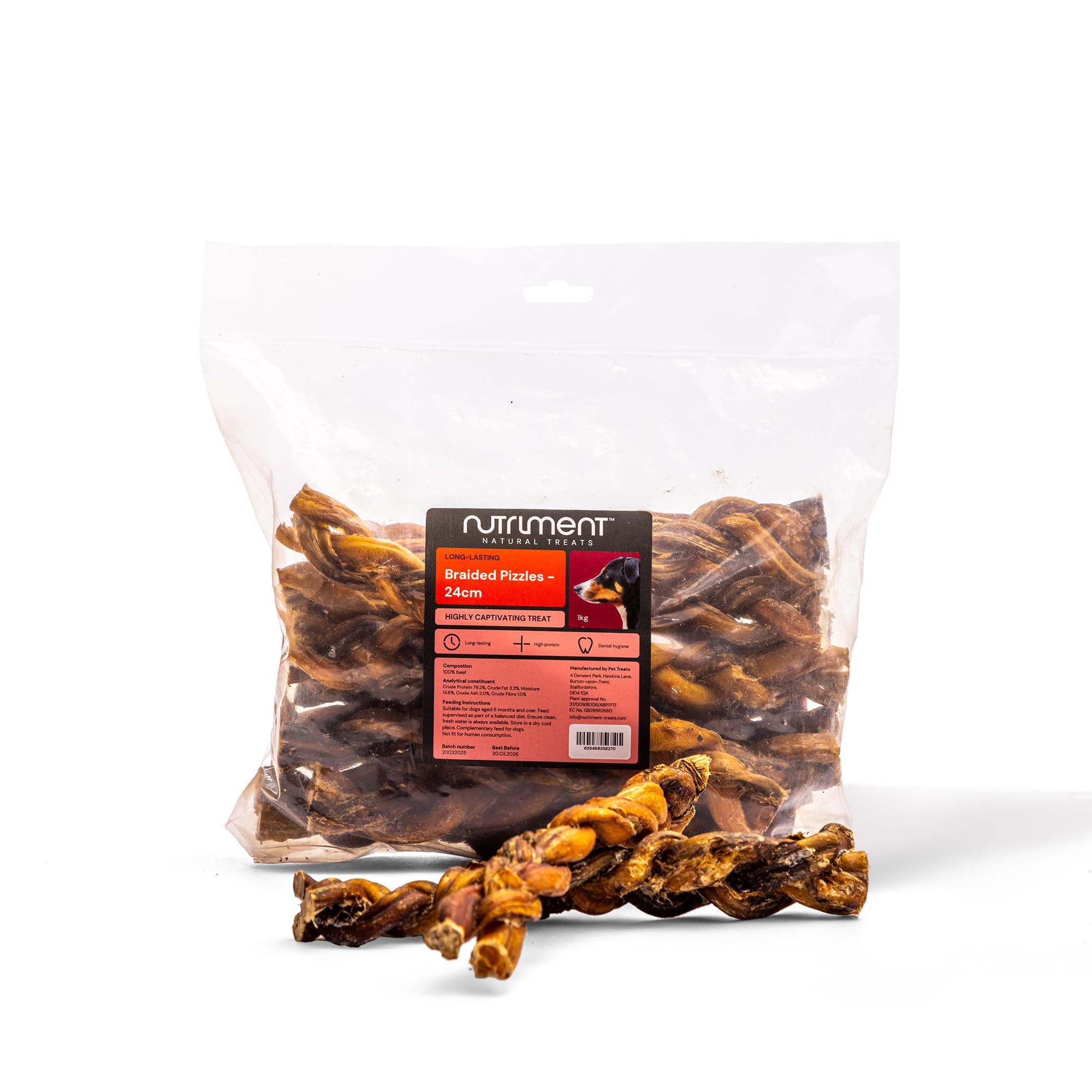 Natural Treats Beef Braided Pizzles for Dogs Hypoallergenic High Protein Grain Free Low Fat Dental Treats (24cm-1kg)