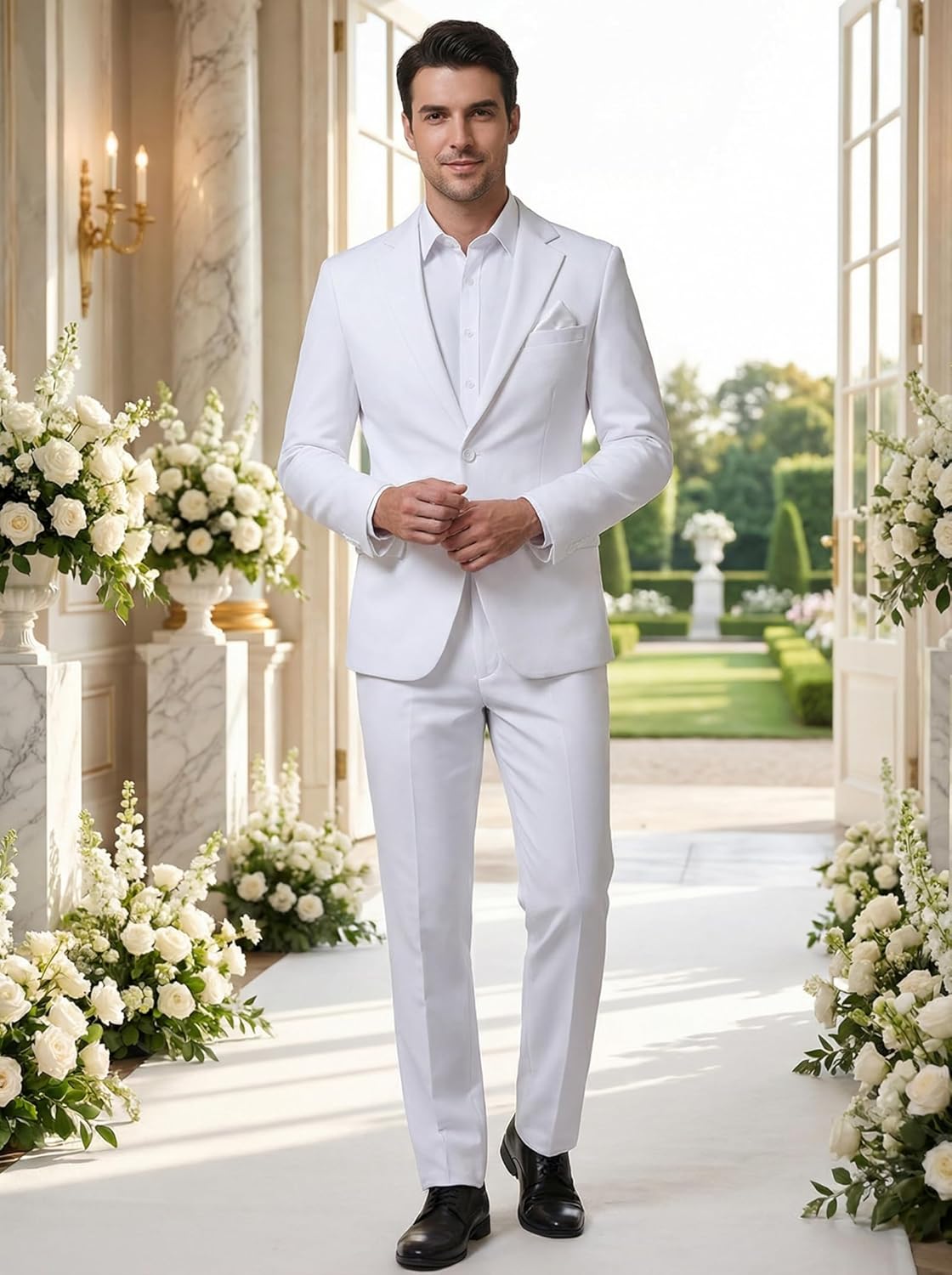 JPF Men's 2 Piece Slim Fit Suit Set, Two Button Solid Jacket Pants with Tie Suits for Men