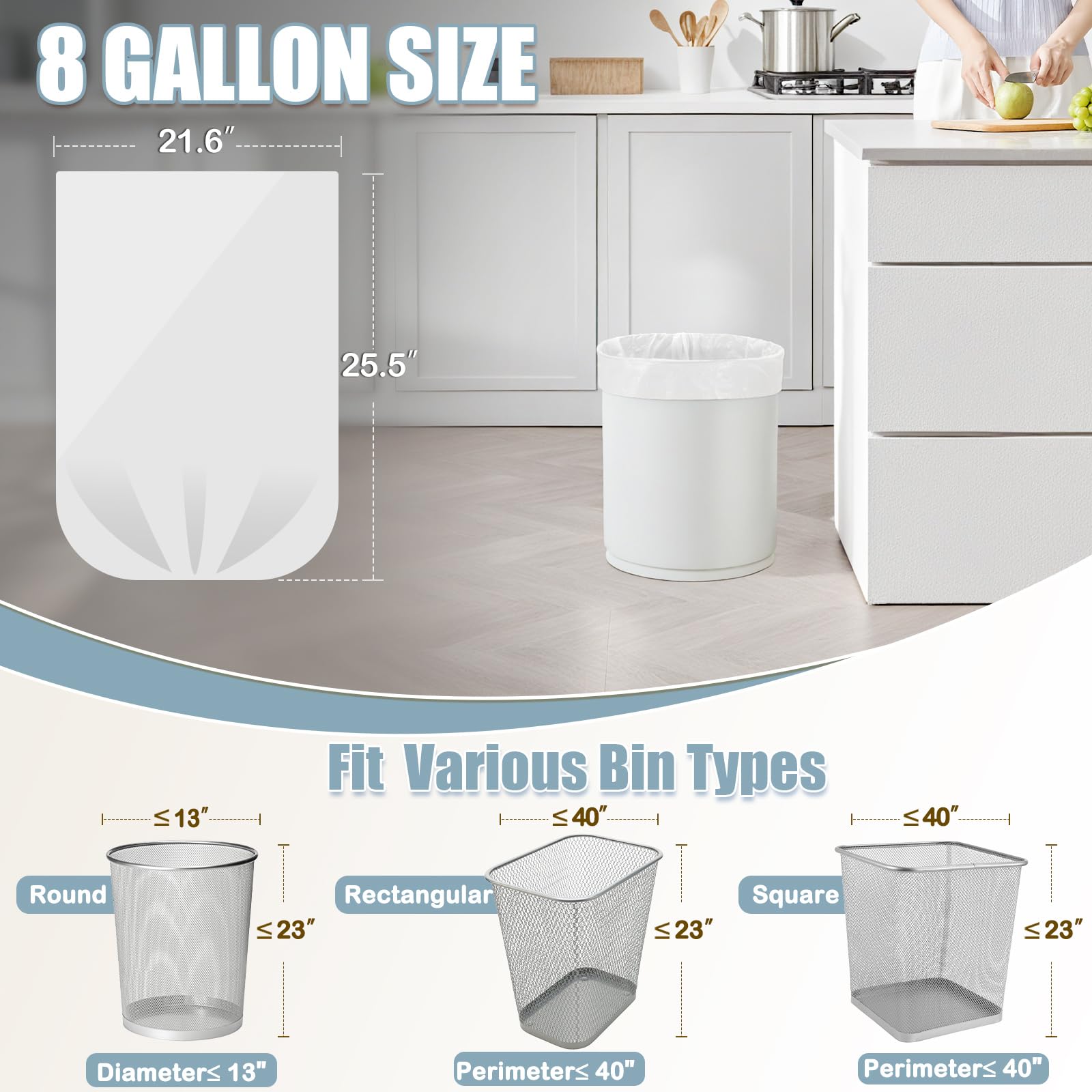 Bolsas de basura de 8 galones – 50 bolsas de basura medianas de 8 galones, bolsas de basura blancas sin perfume de 8 galones para oficina, dormitorio, baño, cocina