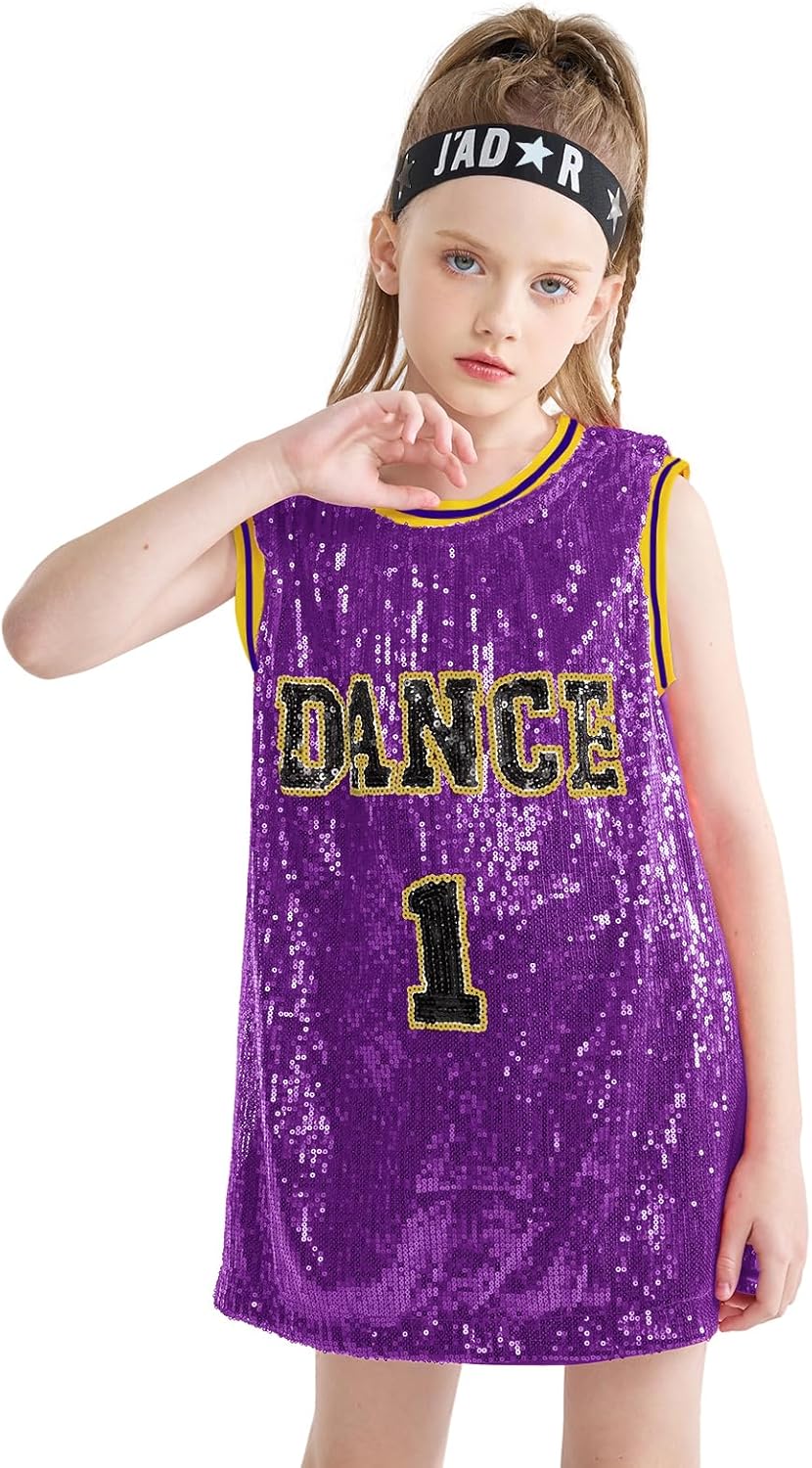 LOLANTA Girls Hip Hop Dance Clothes Kids Jersey Sequin Dress Long Tank Top Jazz Costume Cheerleading T-Shirt