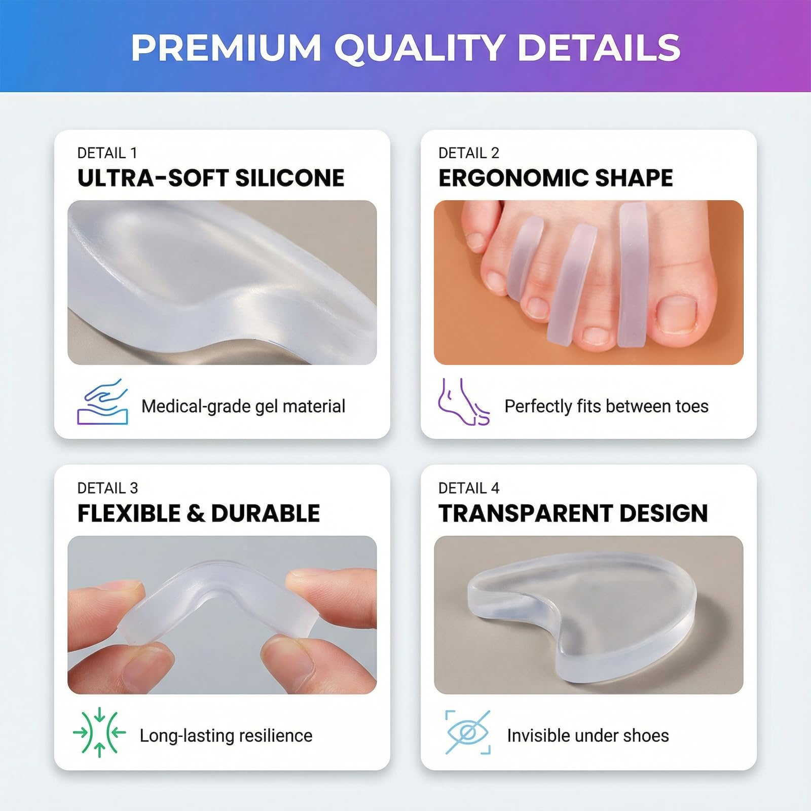 8 Stück Zehenspreizer Silikon, Fußzehenspreizer Zehentrenner Pediküre, Gel Bunion Zehenschutz Silikon Ballenzehen Korrektur, Zehenspreizer Herren für Bunion überlappende Zehen - 4