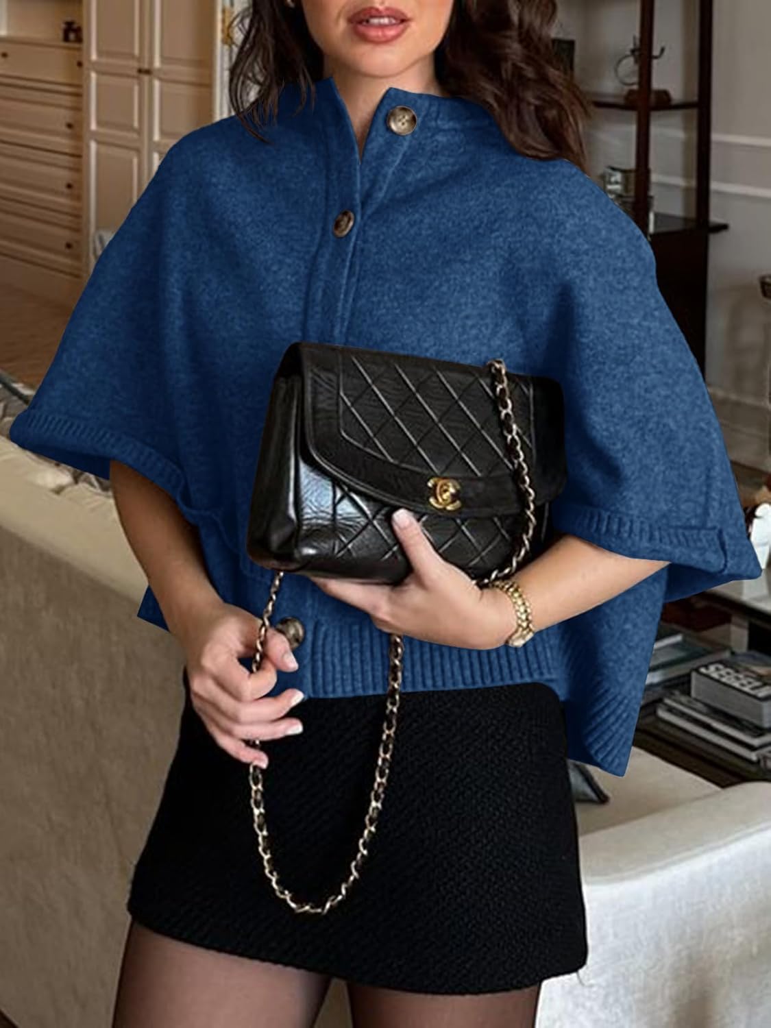 Saodimallsu Womens Cropped Cape Cardigan Button Up Crew Neck Jacket Shawl Fall Trendy Knit Sweater - Image 4