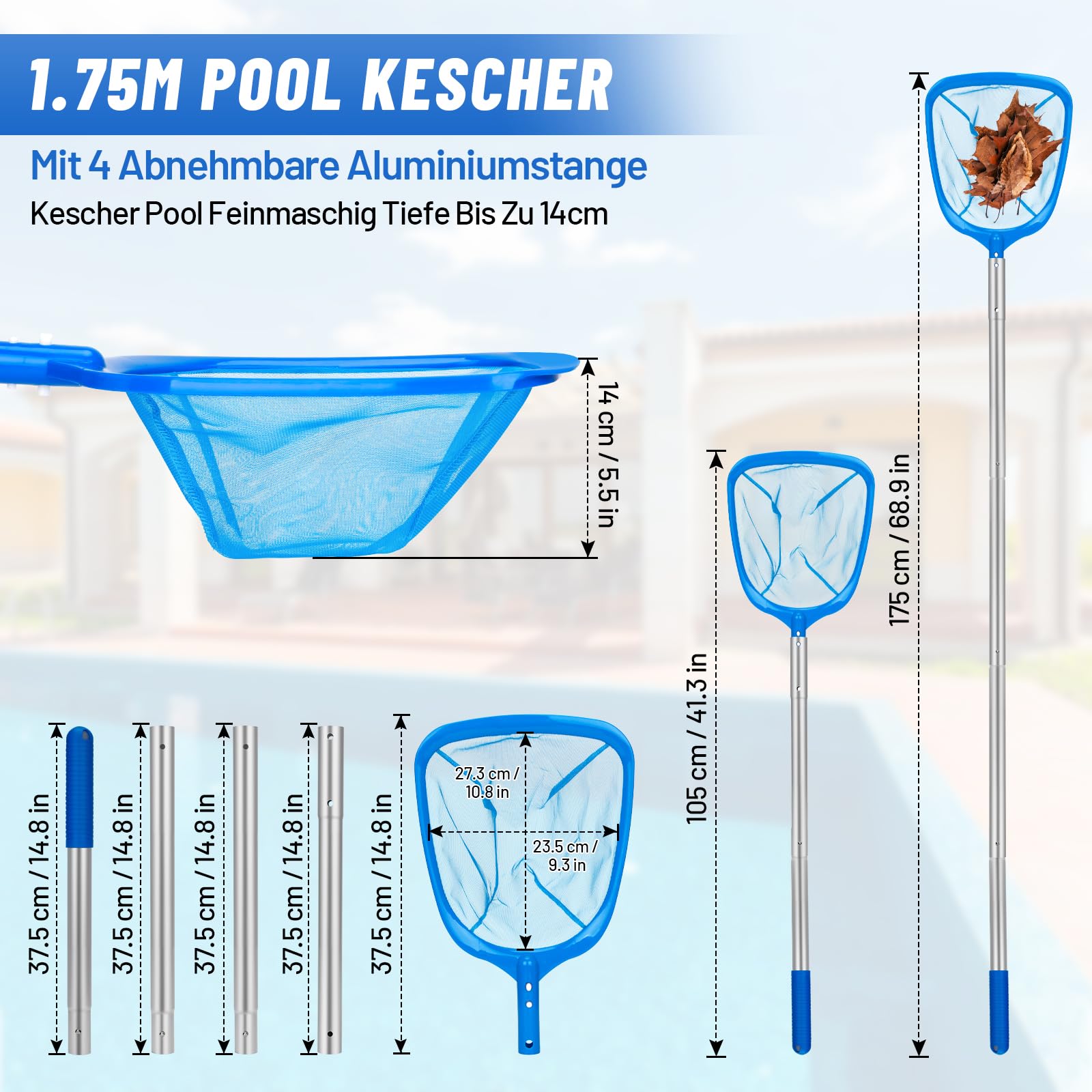 Recogehojas para Piscinas,175cm Red de Piscina con Varilla Gruesa de Aluminio Extraíble,Red de Limpieza de Hojas para Piscinas Skimmer de Malla Fina,Recogehojas Piscina para Piscina,Estanques