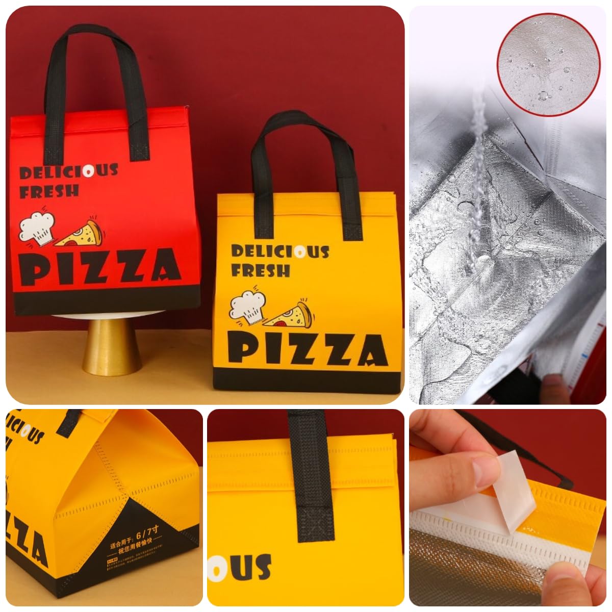 50 Stücke Pizza-Liefertasche Isoliertasche für 6-12 Zoll Pizza wasserdichte Ölfeste Liefertasche aus Vliesstoff und Aluminiumfolie Wiederverwendbar Für Pizza Kuchen Getränke Grillgut (B, XL)