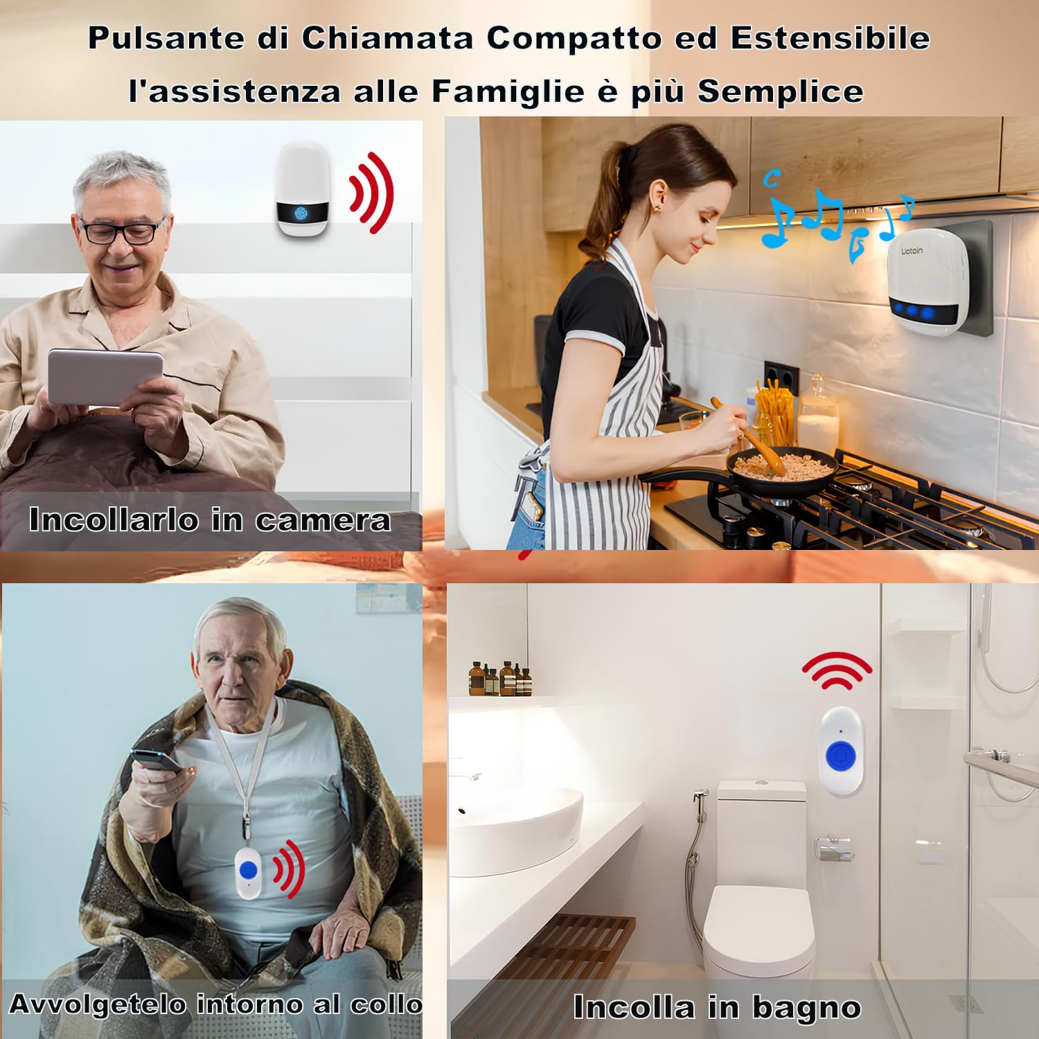 Pulsante di Chiamata Wireless, LIOTOIN Cercapersone con LED in Portata Fino a 180m Impermeabile Sistema di Assistenza per Anziani Pazienti Disabili Casa Ospedale (5 Trasmettitori 3 Ricevitori)