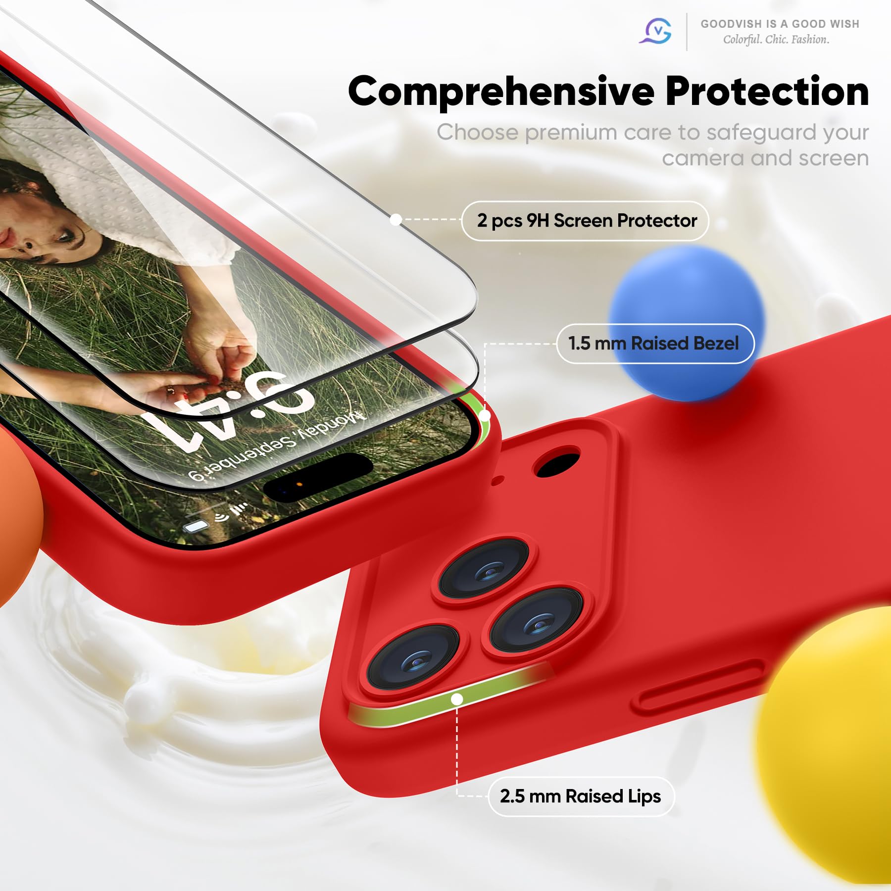 GOODVISH Silicone Cover per iPhone 17 Pro 6.3", Custodia con 2x Vetro Temperato [Pulsante Controllo Fotocamera] 360° Protezione Anticaduta Case per Cellulare Antiurto Resistente, Rosso