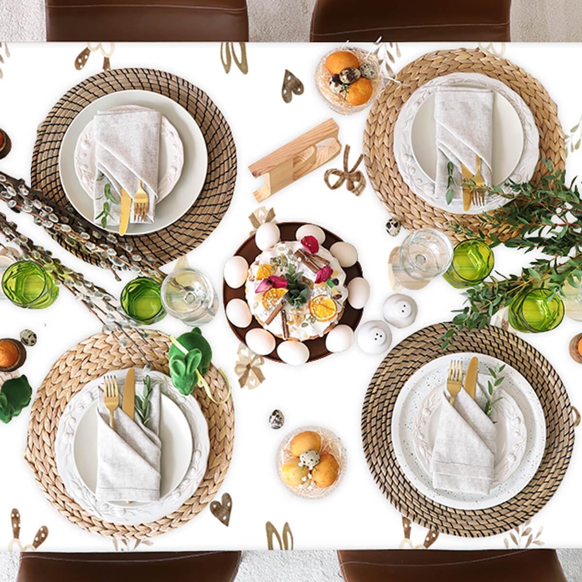 Vanulus 3Pcs Buffalo Plaid Bunny Happy Easter Party Tablecloth Seasonal Brown Rabbit Bunny Table Cover Rectangle Table Cloth for Spring Kitchen Dining Party Supplies 54x108 Inch image 5
