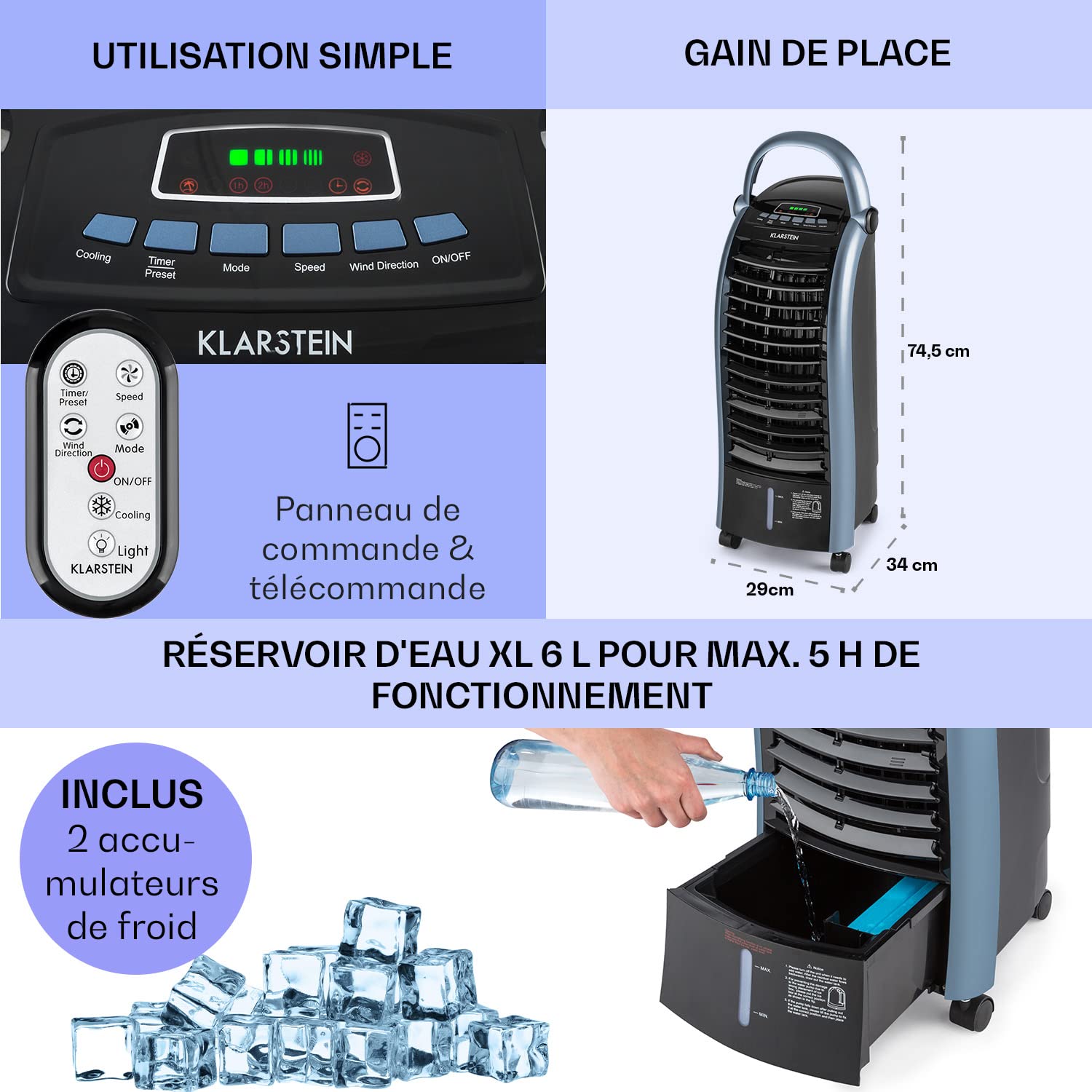 Klarstein Rafraichisseur d'Air 4 en 1, Climatiseur Portable, Humidificateur, Ventilateur, Ioniseur, Climatiseur Mobile Sans Évacuation, Pack Glacons, Réservoir 6L, 65W, Puissant Débit d'Air 444m³/h