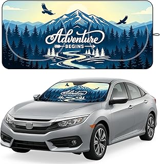 Windshield Sun Shade for Car, 63"x28.5" Stylish Printed Front Window Sunshade with Double Steel Ring Frame, Universal Fit Foldable Heat Blocker & UV Protector, with Storage Pouch (Peak)