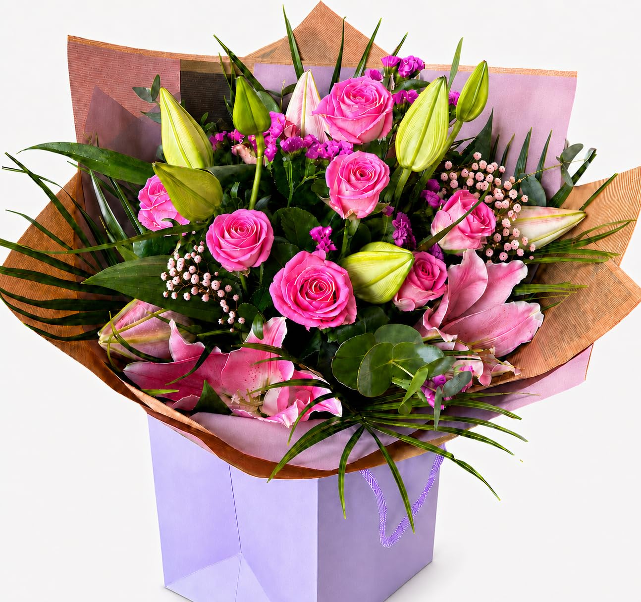 Pretty Pink Rose and Lily Fresh Flower Bouquet, hand-tied in a gift bag