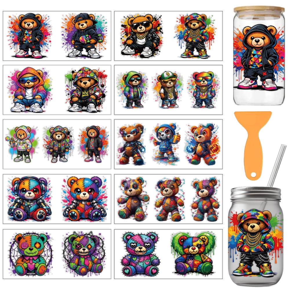 arricraft 10 Pcs Graffiti Bear PVC Cup Transfer Stickers, Various Graffiti Street Bear UV Waterproof Cup Sticker Rub on Decal for 16 oz Glasses Window Home Printing Decoration 24x11cm — image 1