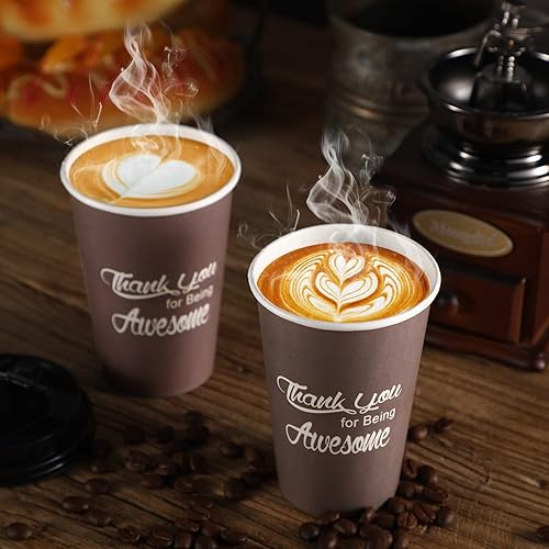 Miniatura 3 de Rtteri Paquete de 100 tazas de café de papel desechables de 12 onzas café con texto en inglés Thank You for Being con tapas tazas para beber para