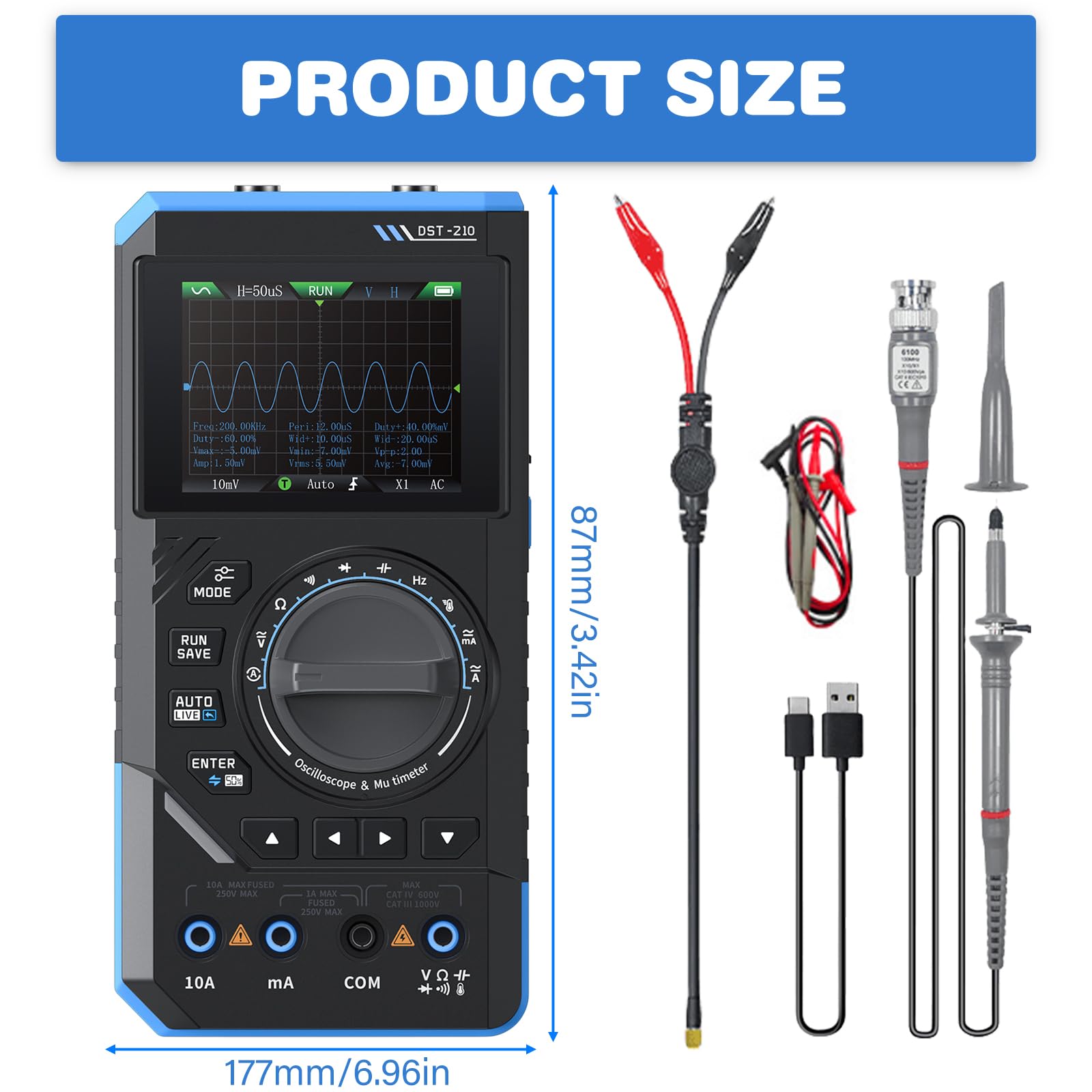 DST-210 Handheld Oszilloskop, 3 in 1 Digital Multimeter 10MHz Bandbreite Oscilloscope 48MSa/s Abtastrate 19999 Zählimpulse 2.8'' TFT Signalgenerator AC/DC Spannungstest Kondensator Widerstand Diode