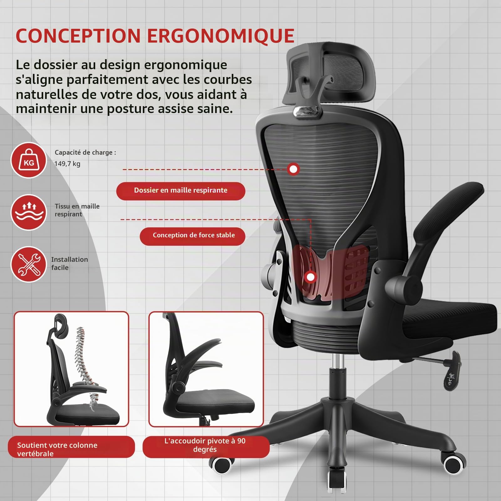 Chaise de Bureau Ergonomique avec appuie-tête et accoudoirs réglables, Support Lombaire, Dossier Respirant, Hauteur relevable et roulettes pour Bureau, Chambre ou étude
