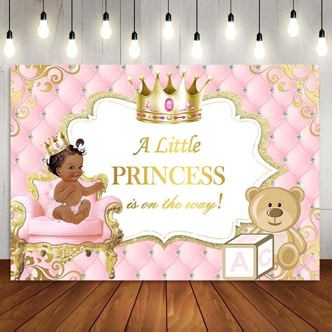 Fondo Personalizado de Baby Shower Rosa y Dorado para niñas Fondo de Princesa Corona de Oro Cabecera Glitter Damomd Party Banner