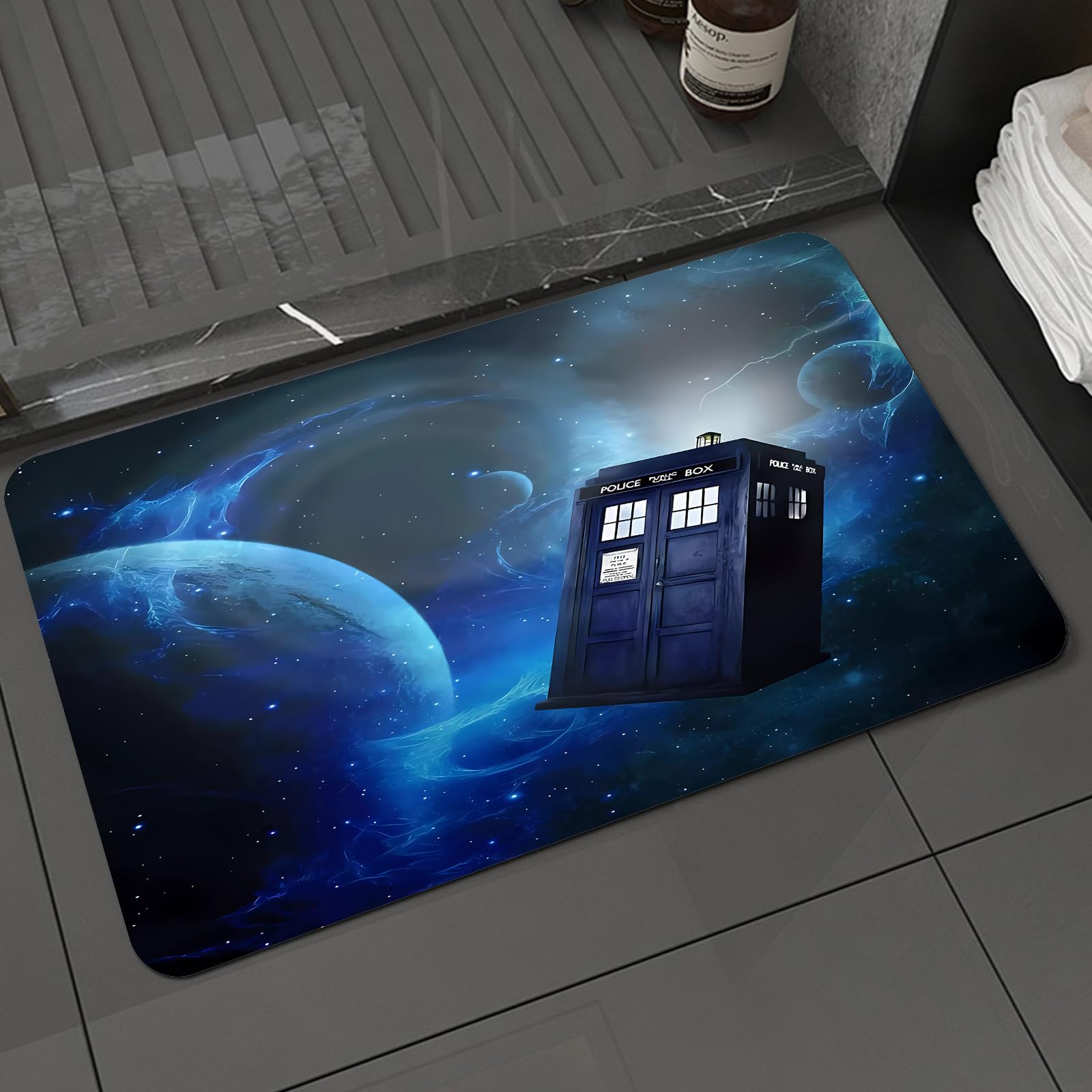 DALEXHM Microfibre Bath Mat, Door Mat, Pet Mat,Bathroom Rug Machine Washable,Non-slip,Super absorbent,Extra Soft,The TARDIS Drifts A Police Box Among Stars,16x24in