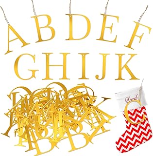 26 Pieces Christmas Stocking Decor Letter Sign Cutout Letter Christmas Blocks Decor Craft Letter Pieces Letter Signs with Ropes for Xmas Tree Present Party Decorations (Acrylic, Gold Capital Style)