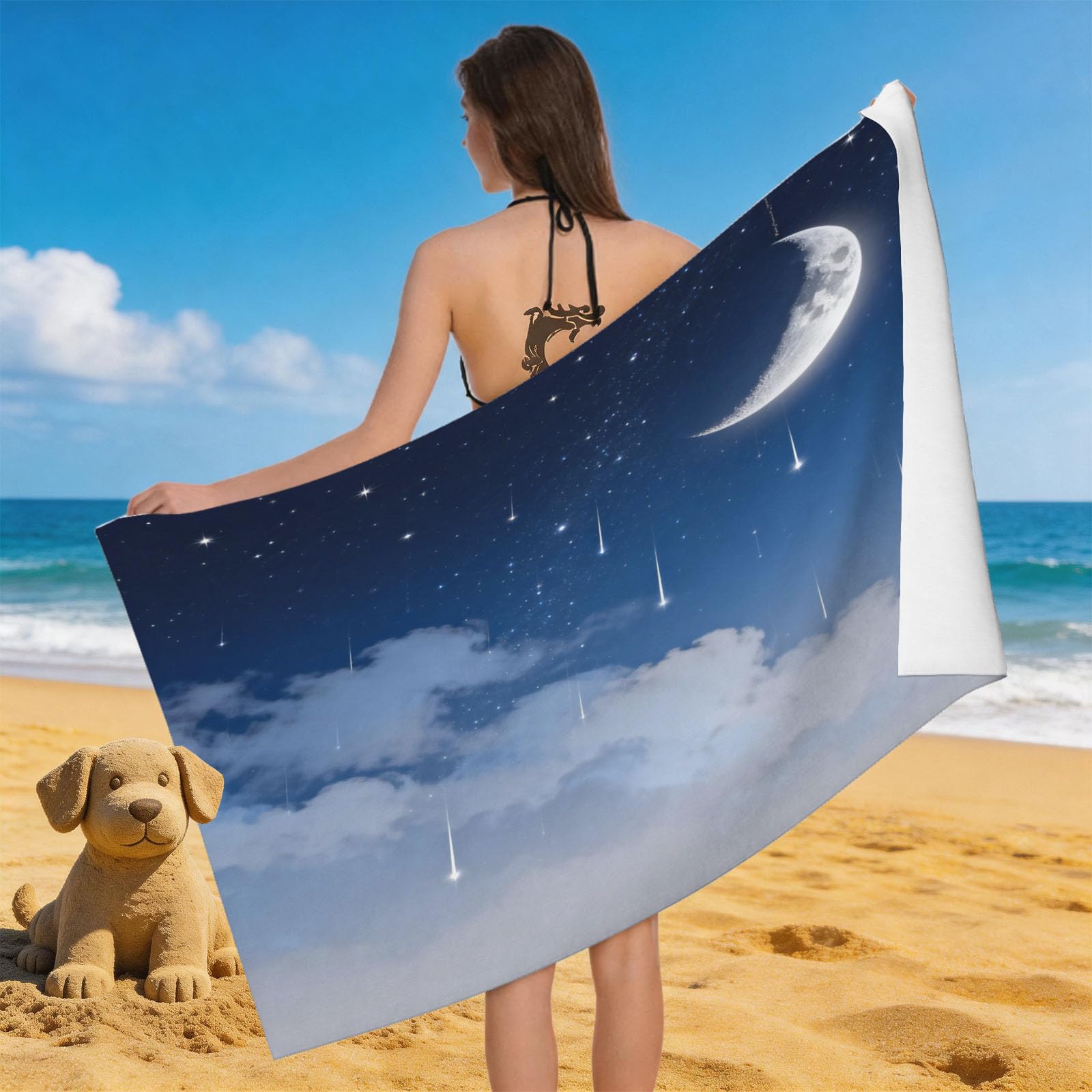 Leichong 3D Starry Sky Moon Beach Towel Microfiber Soft Quick Dry for Adults, Night View Bath Towel Lightweight Soft Absorbent for Travel Swimming Pool Sports, 75 x 150 cm