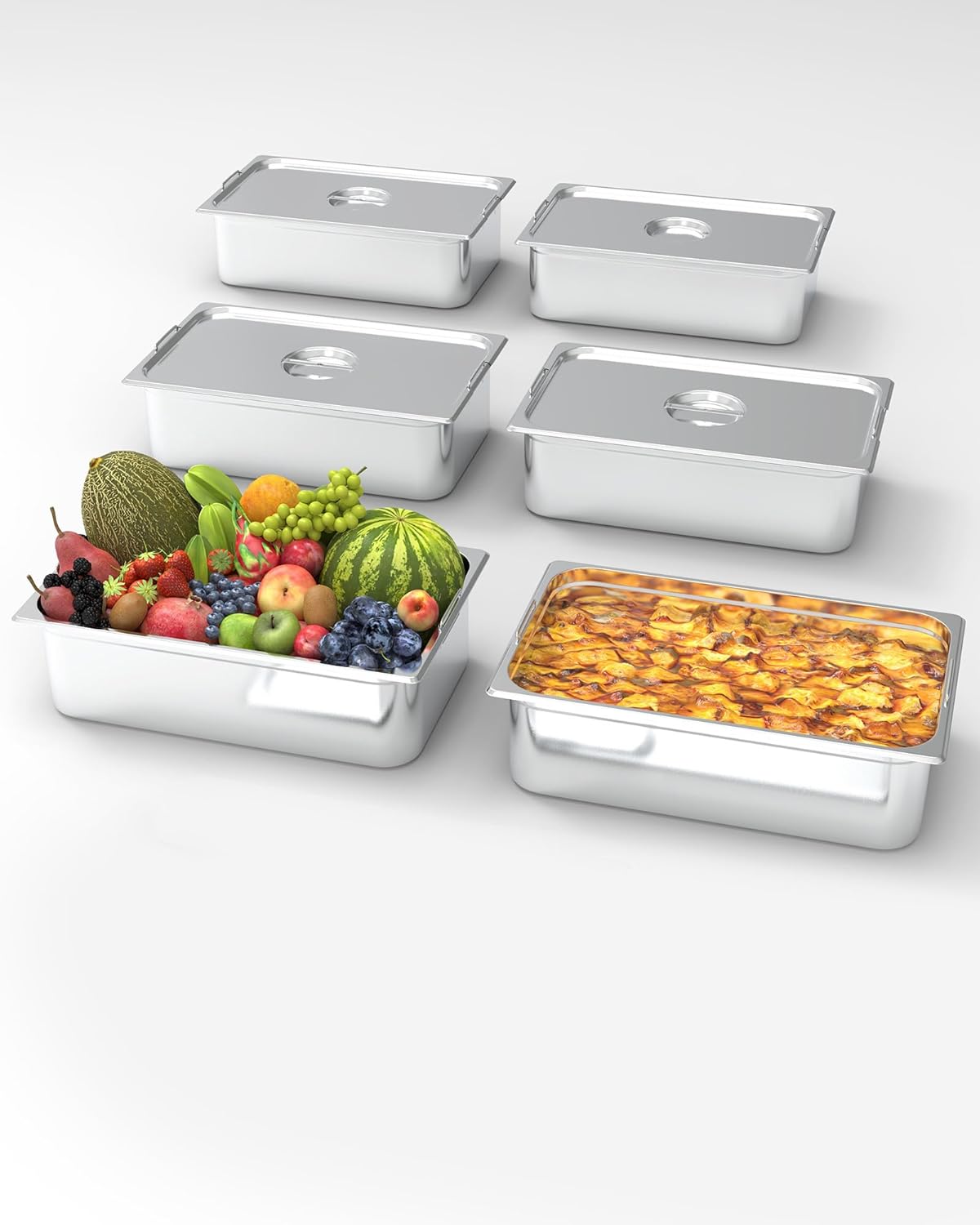 Full Size Steam Table Pans with Handle & Lid, 6-Pack 6 in Deep Restaurant Steam Table Pans Commercial, Anti-Jamming Hotel Pan Stainless Steel