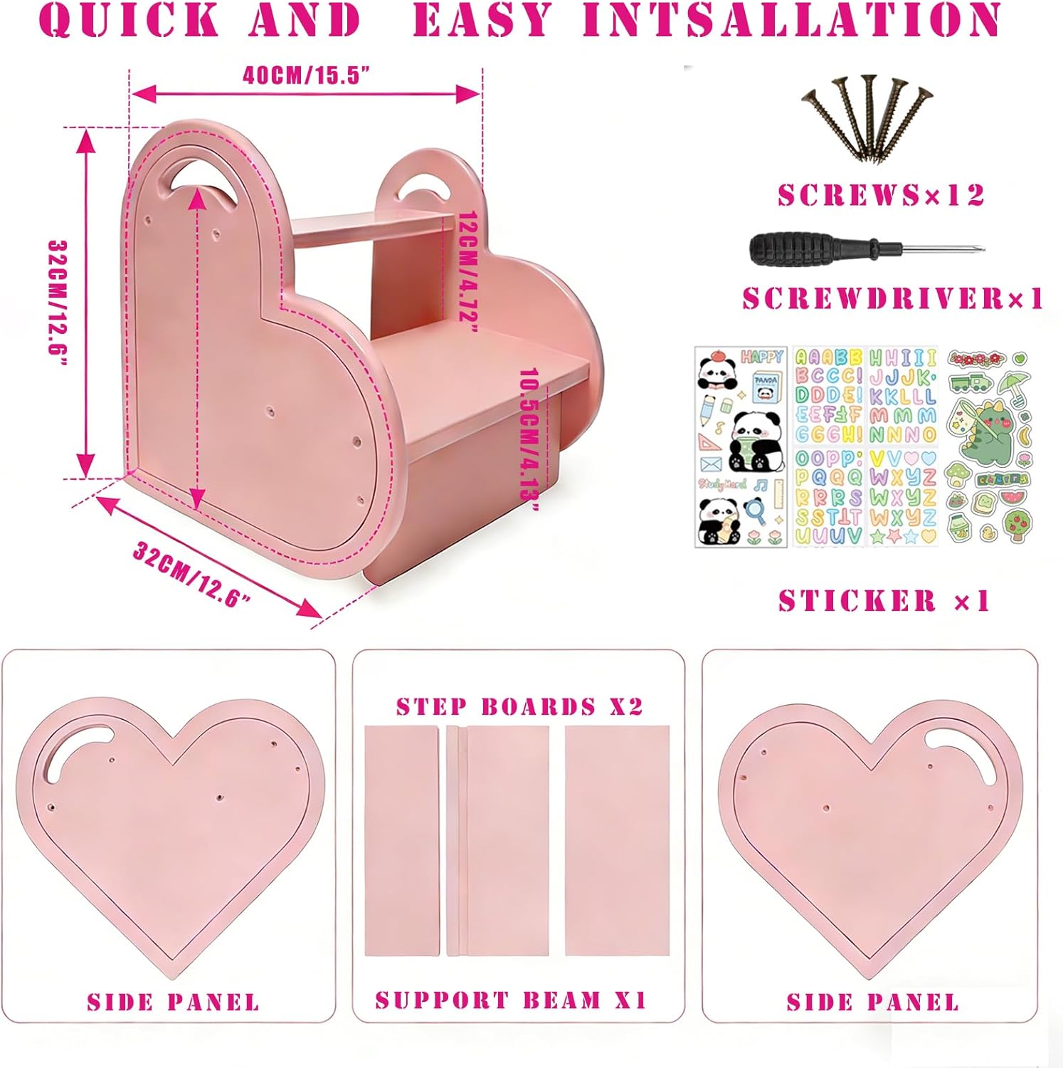 Pink Wooden 2-Step Stool for Kids Girls, Step Stool for Toddlers with Heart Design, Toddler Bathroom and Kitchen Helper, Small Step Ladder 15 x 12 x 12 Inches