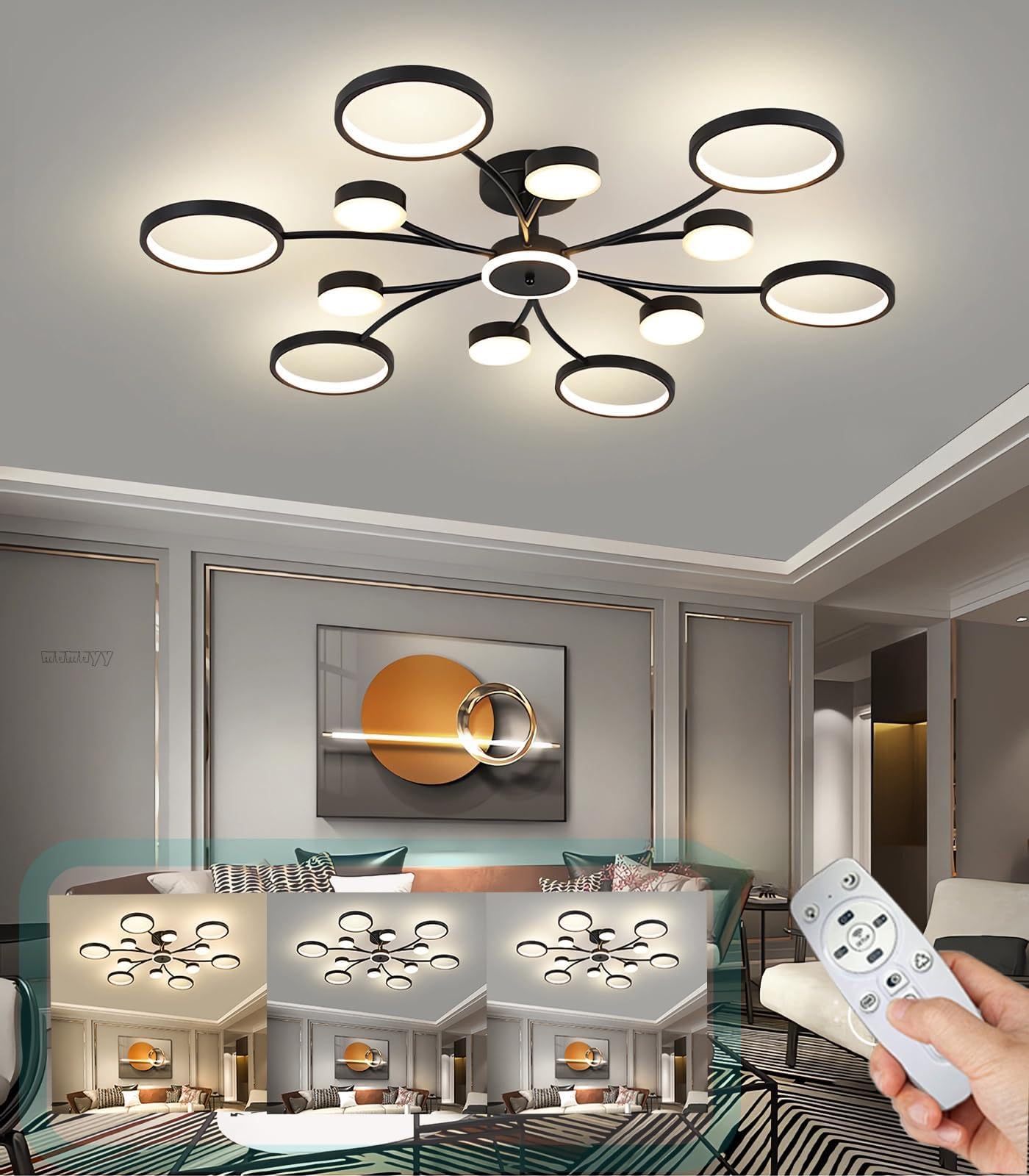 MOMOYY Modern LED Living Room Lights,Black LED Ceiling Lights,130w Bedroom Lights with Remote Control,Round Dimmable Ceiling Lamps,3000-6000k Suitable for Dining Room Kitchen Lighting (12+1)