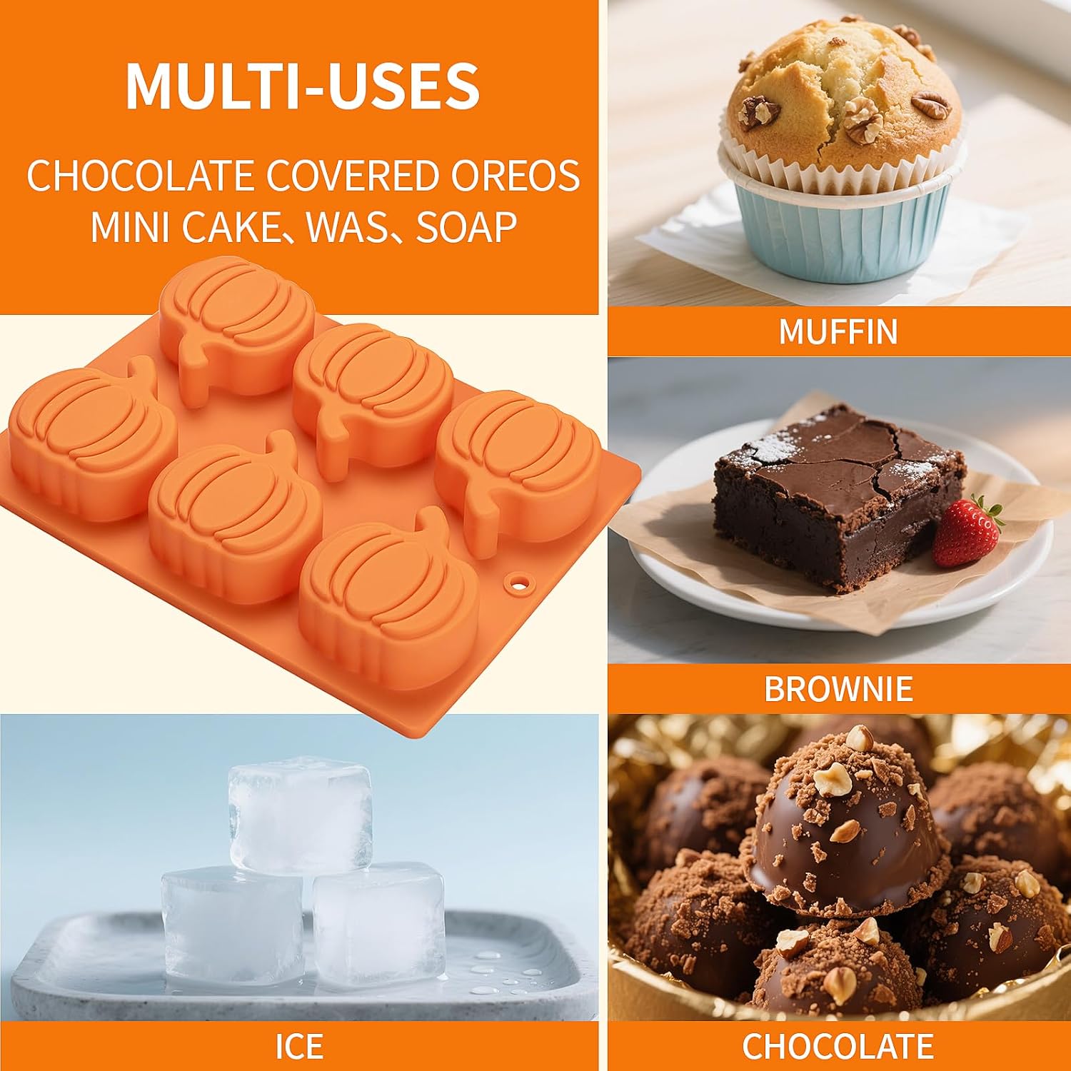 Silicone Pumpkin Molds, 2 Pack Pumpkin Cake Molds, 6 Cavity Silicone Cupcake Pan Halloween Thanksgiving Fall Baking Mould for Chocolate, Hot Chocolate Bomb, Muffin, Soap Making